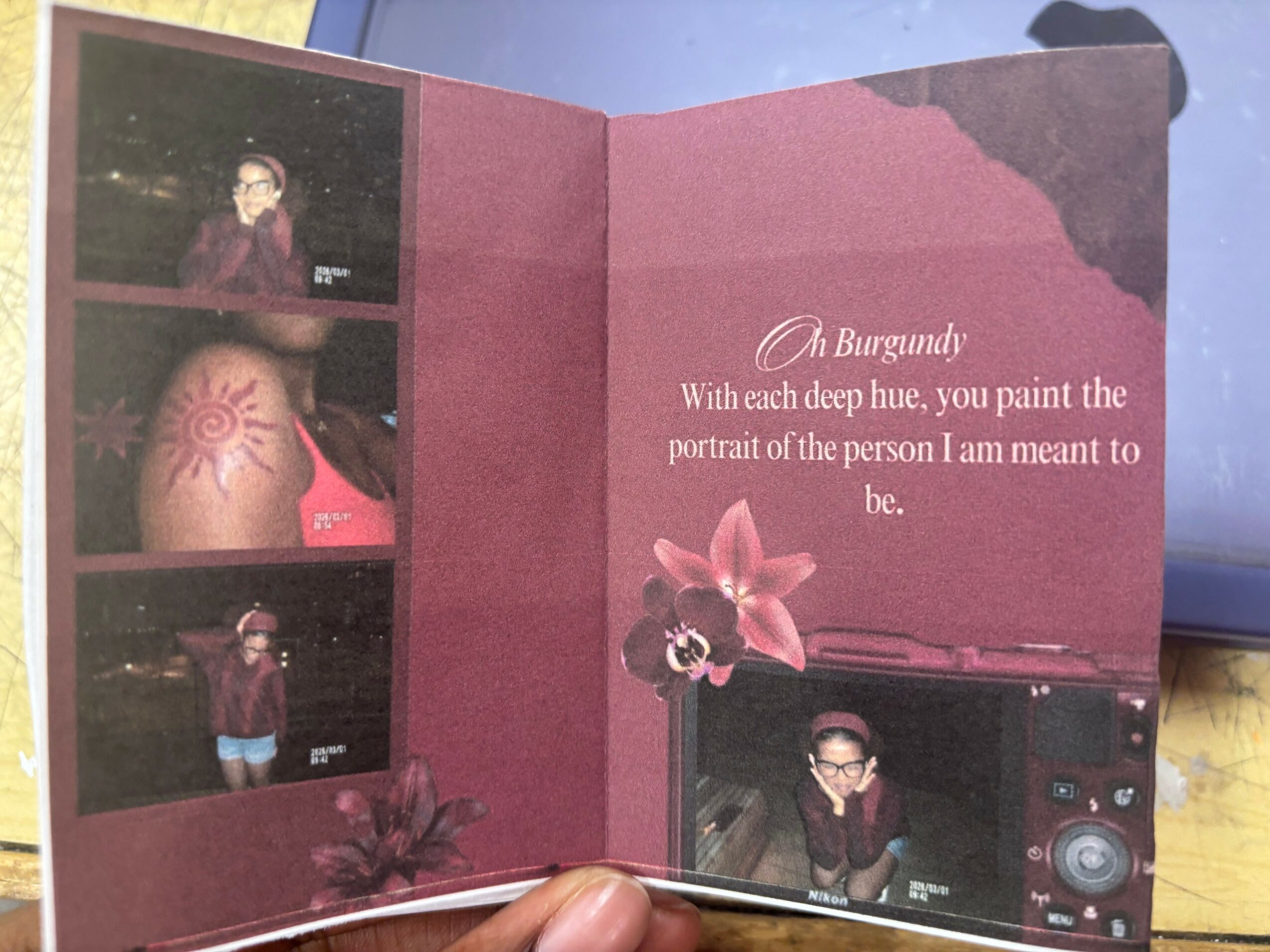 Open photo album with images of a person, a flower, and a portrait, with a pink background and text. Word count: 20.