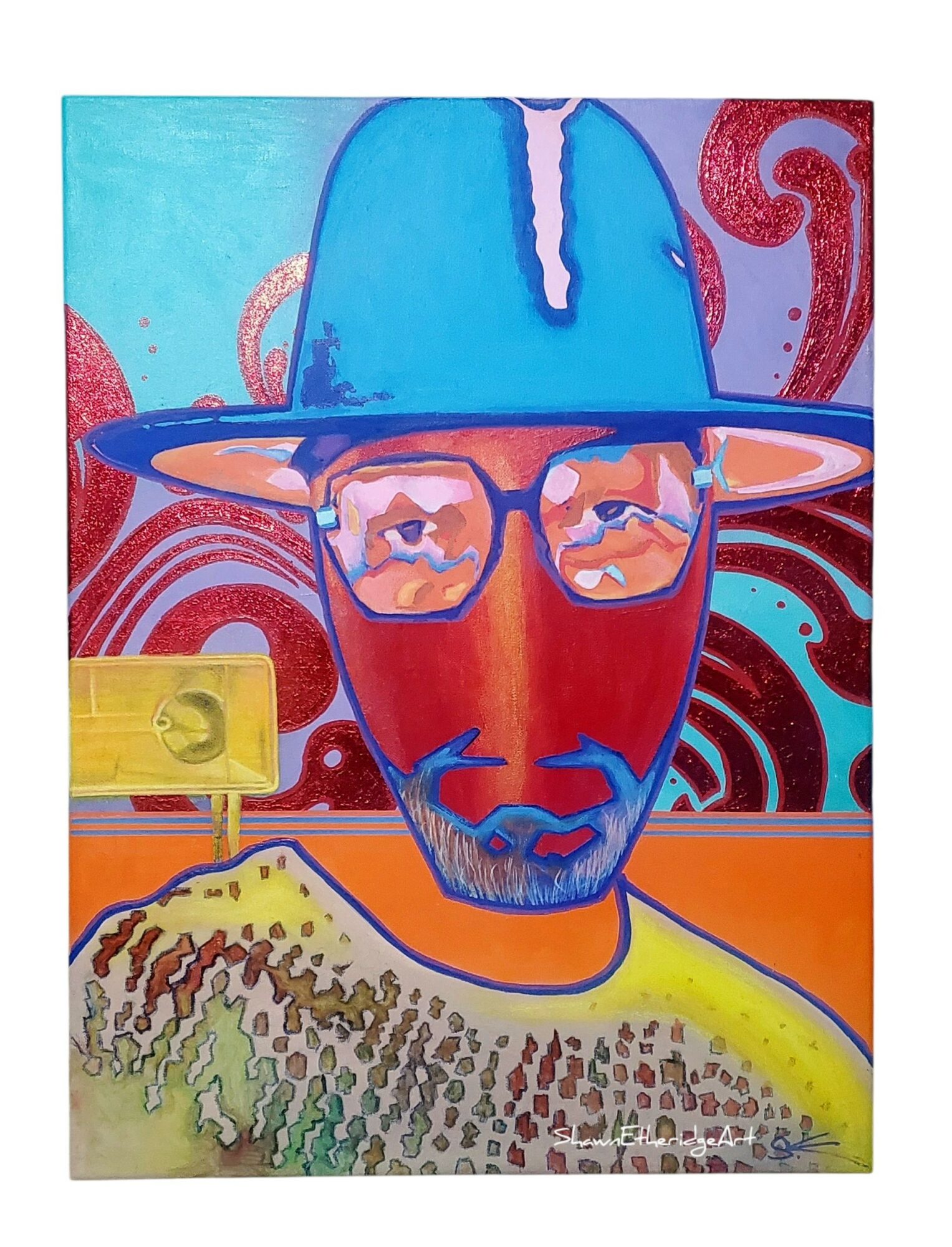 Portrait of a person with glasses, wearing a blue hat, with a colorful abstract background.
