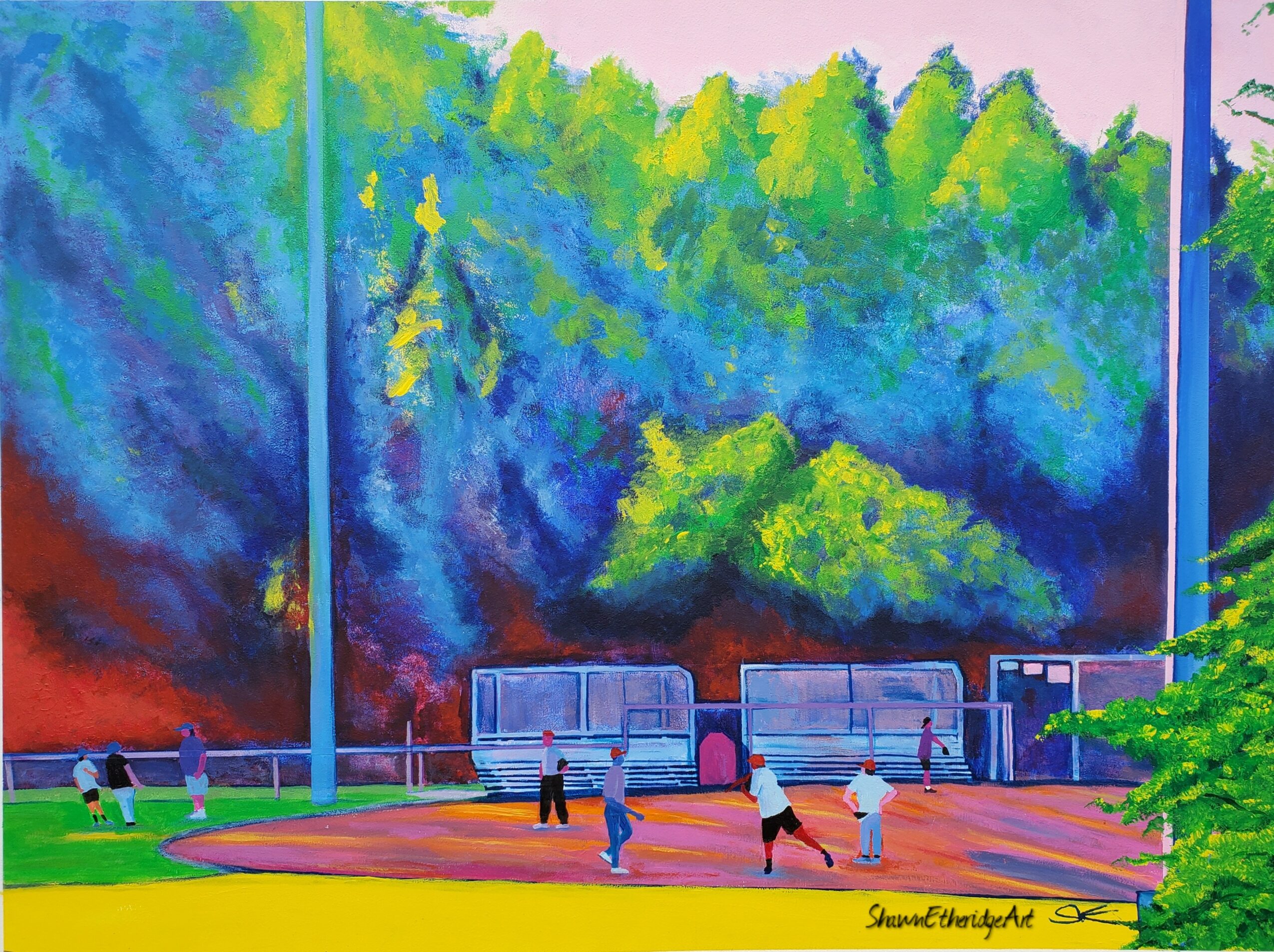 Children playing on a sports field with a colorful, abstract forest background, trees, and a fence, under a pink sky.