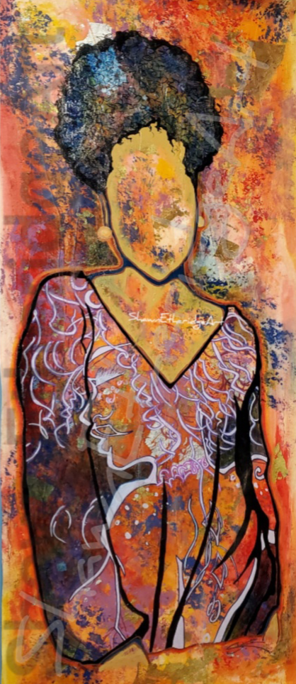Abstract portrait of a woman with curly hair, colorful background, and intricate patterns on her clothing.