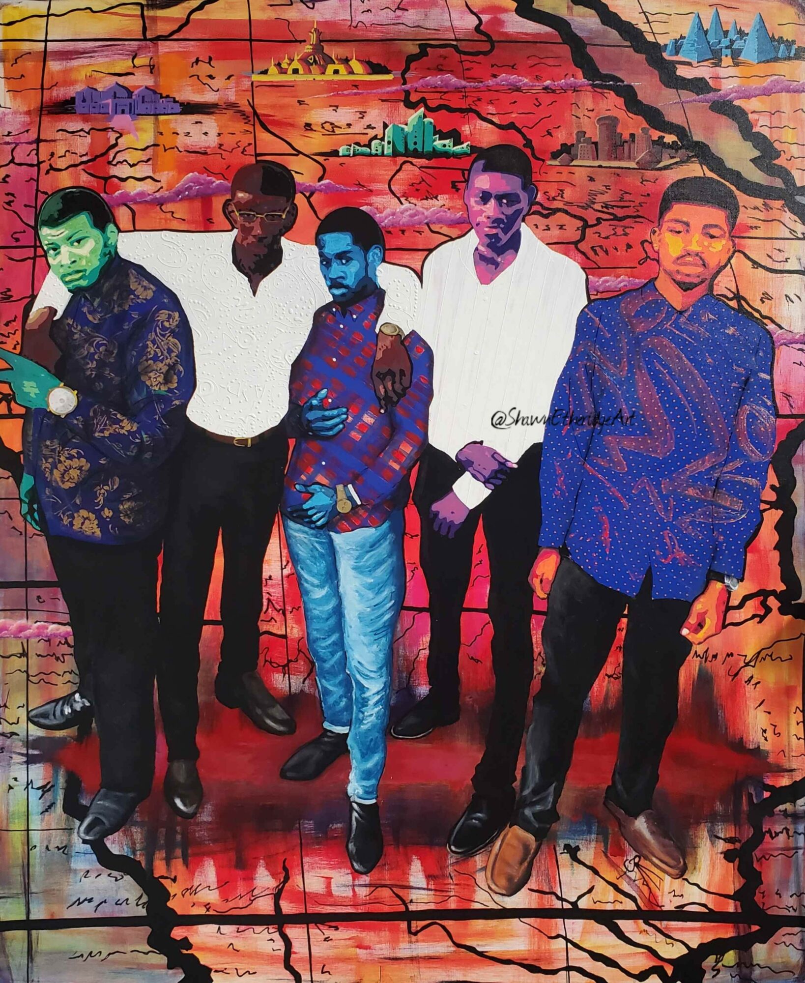 Five young men stand together in front of a colorful mural background, posing for the photo.