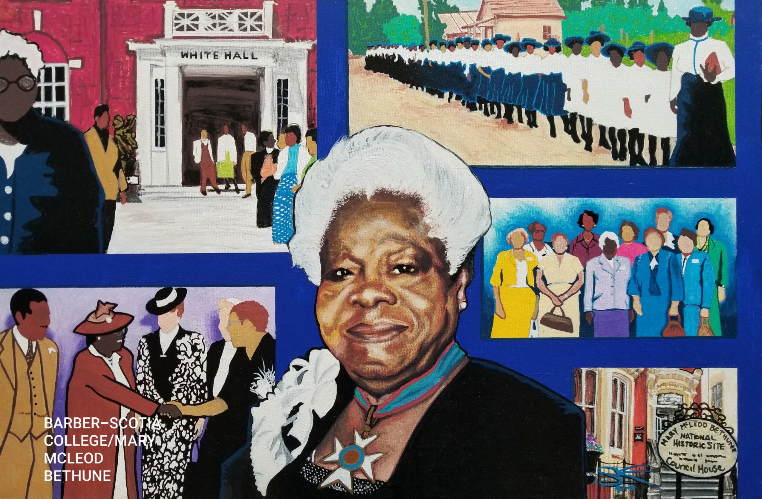 Collage of images including a woman with white hair, groups of people, and buildings, celebrating historical events.
