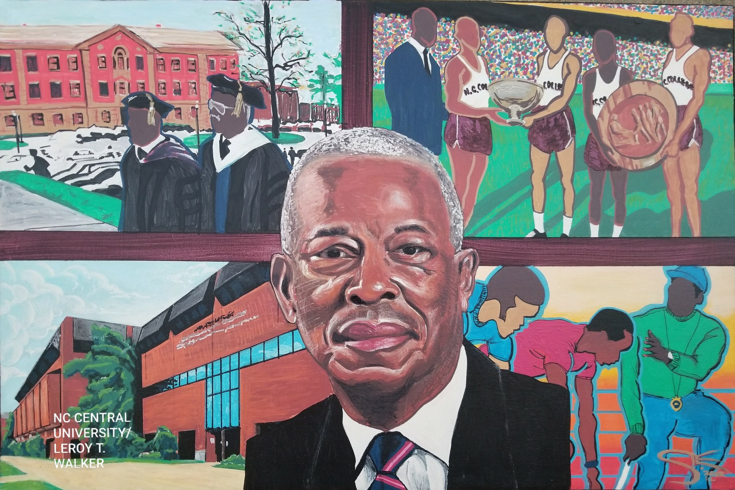 Portrait of a man in a suit with a background collage of university buildings, students, and sports activities.