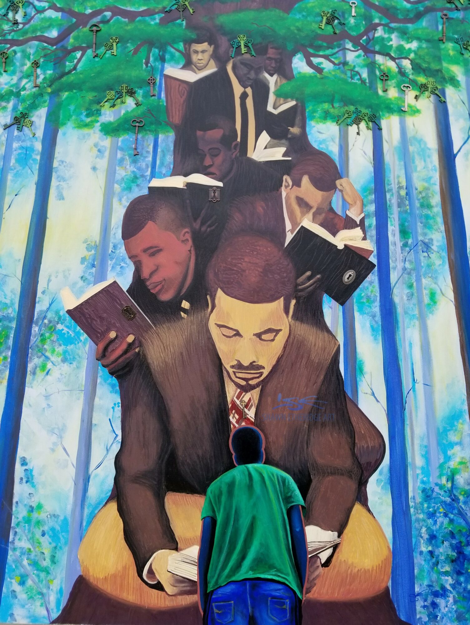 Group of people reading books in a forest with tall trees and green foliage, viewed from behind a person in a green shirt.