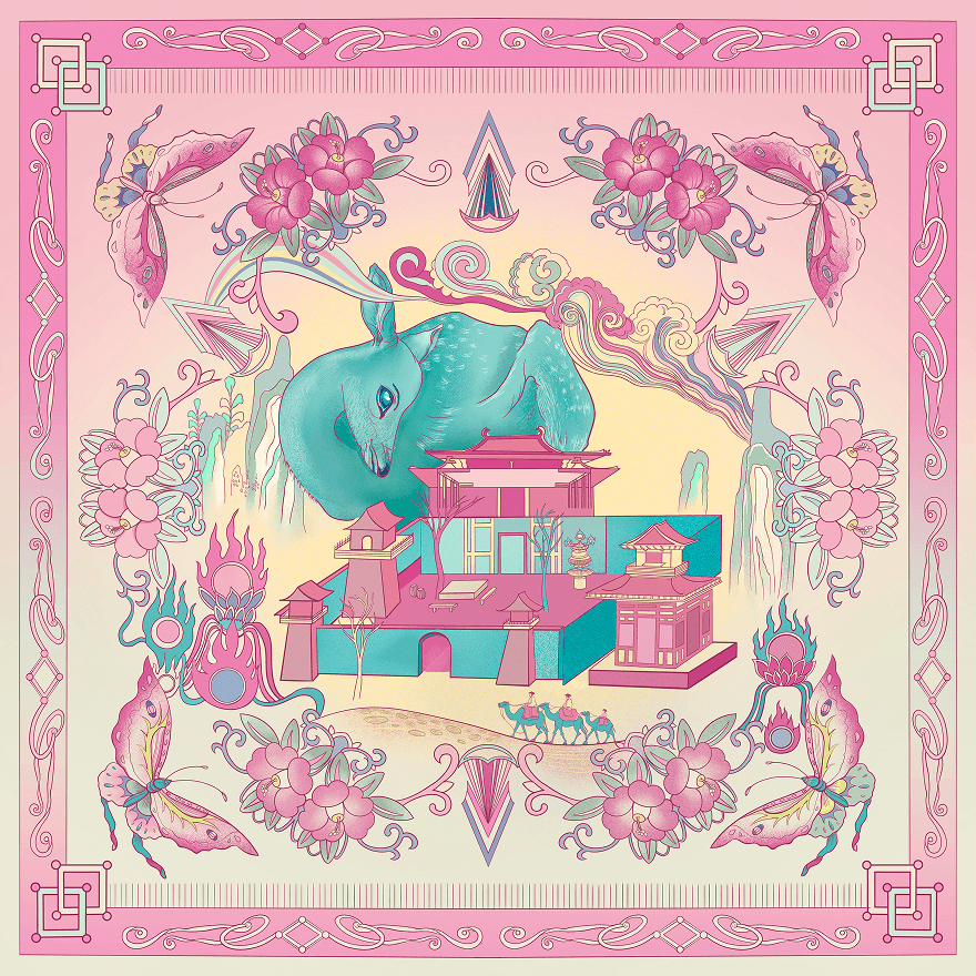 A large blue dragon resting on a pink and blue castle, surrounded by pink flowers, butterflies, and decorative borders.