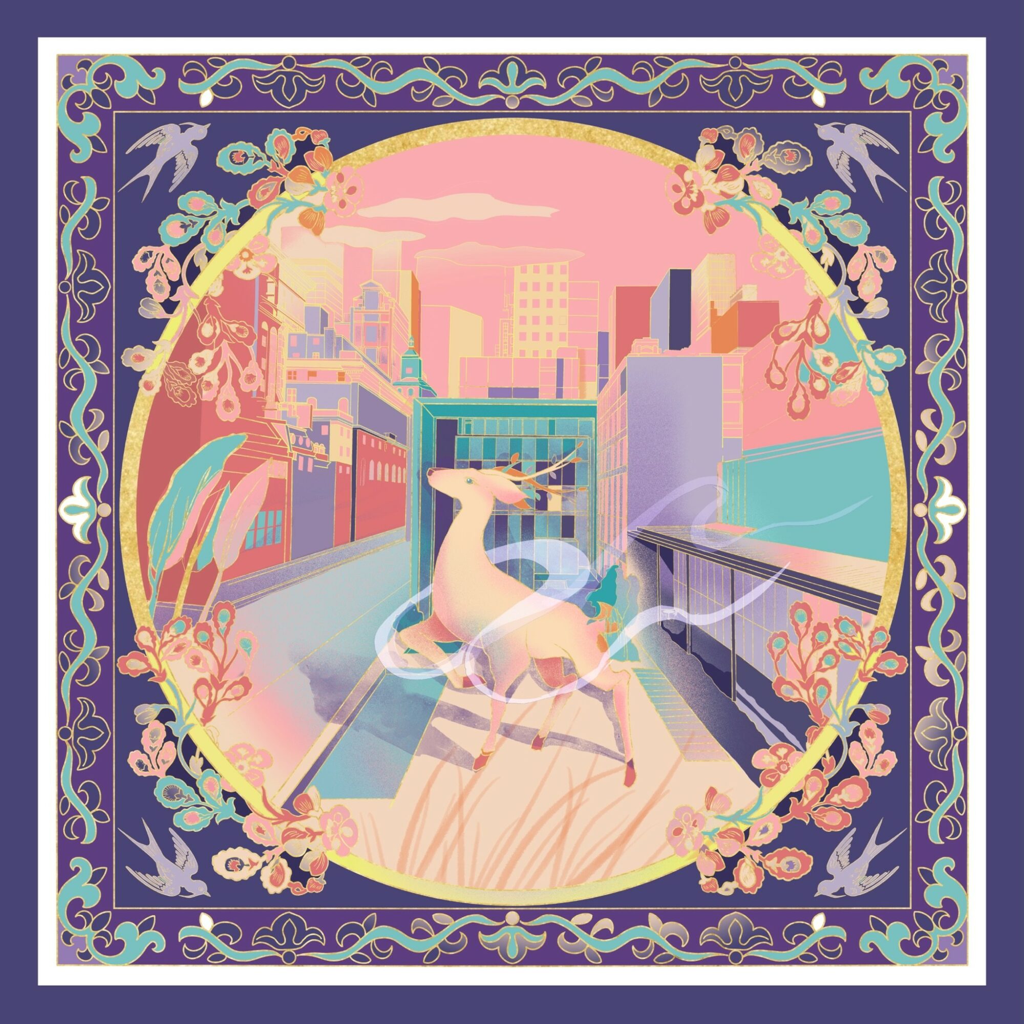 A person doing a handstand on a rooftop with a city skyline in the background, surrounded by floral and decorative border.