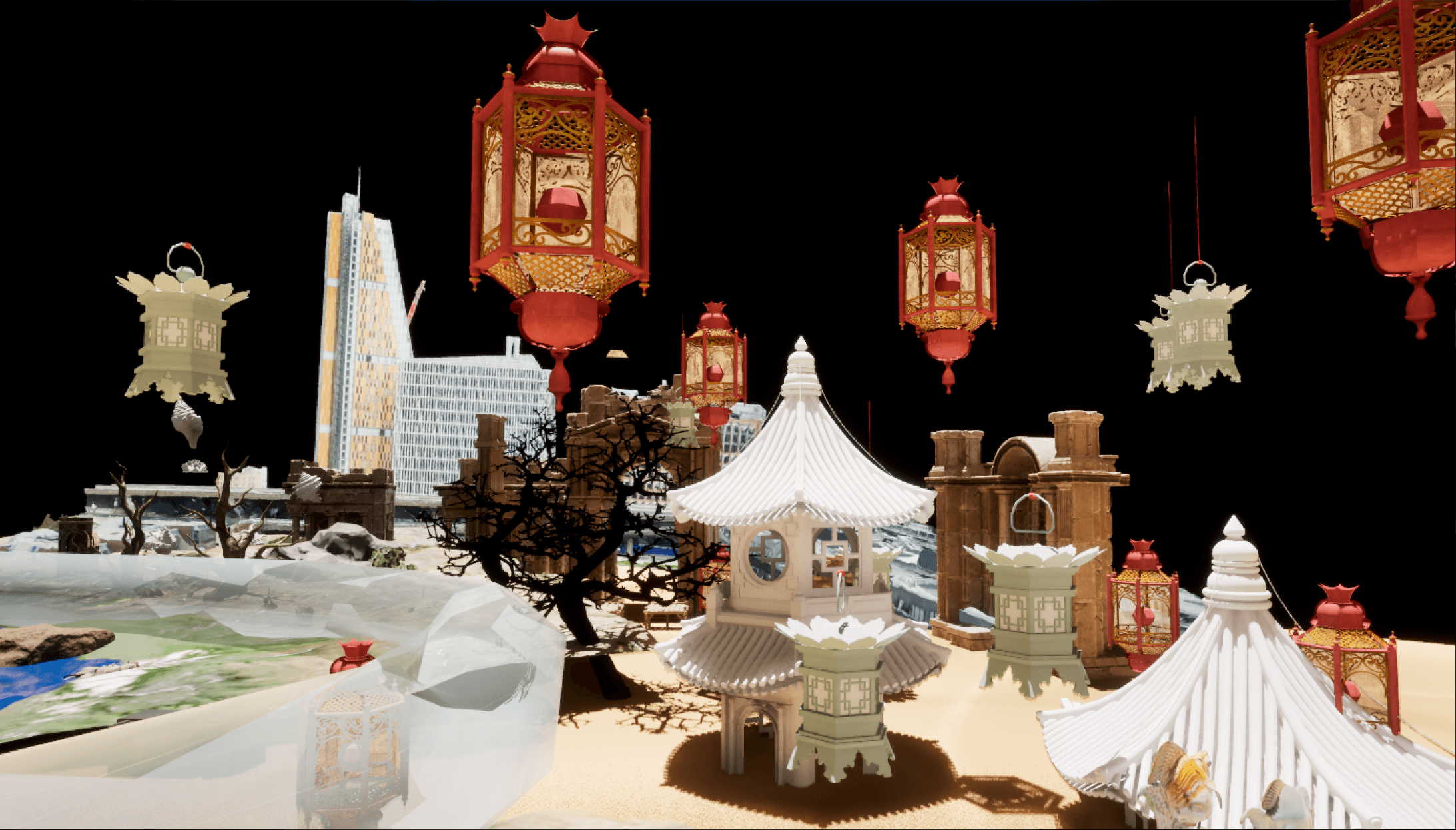 Display of miniature structures and hanging lanterns against a black background, resembling a festive scene.