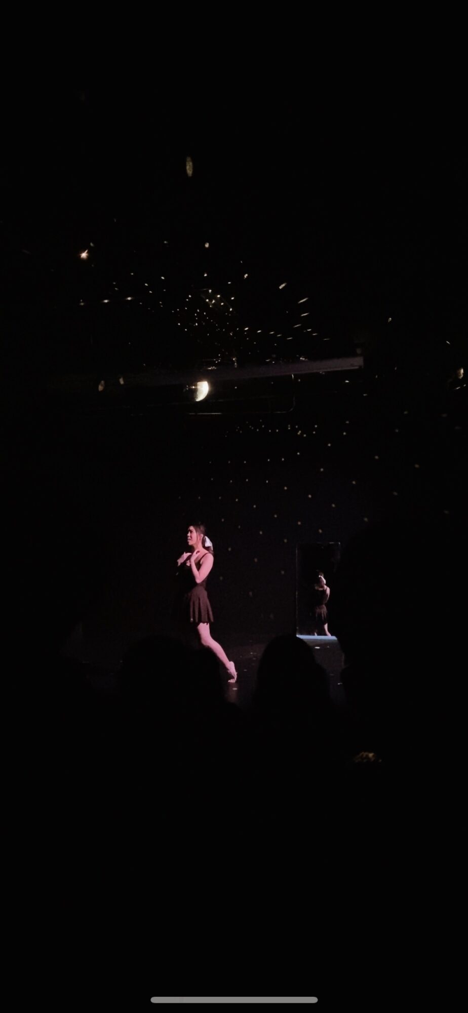 Stage with two performers, one singing and one playing guitar, under dark background with star-like lights, audience visible.