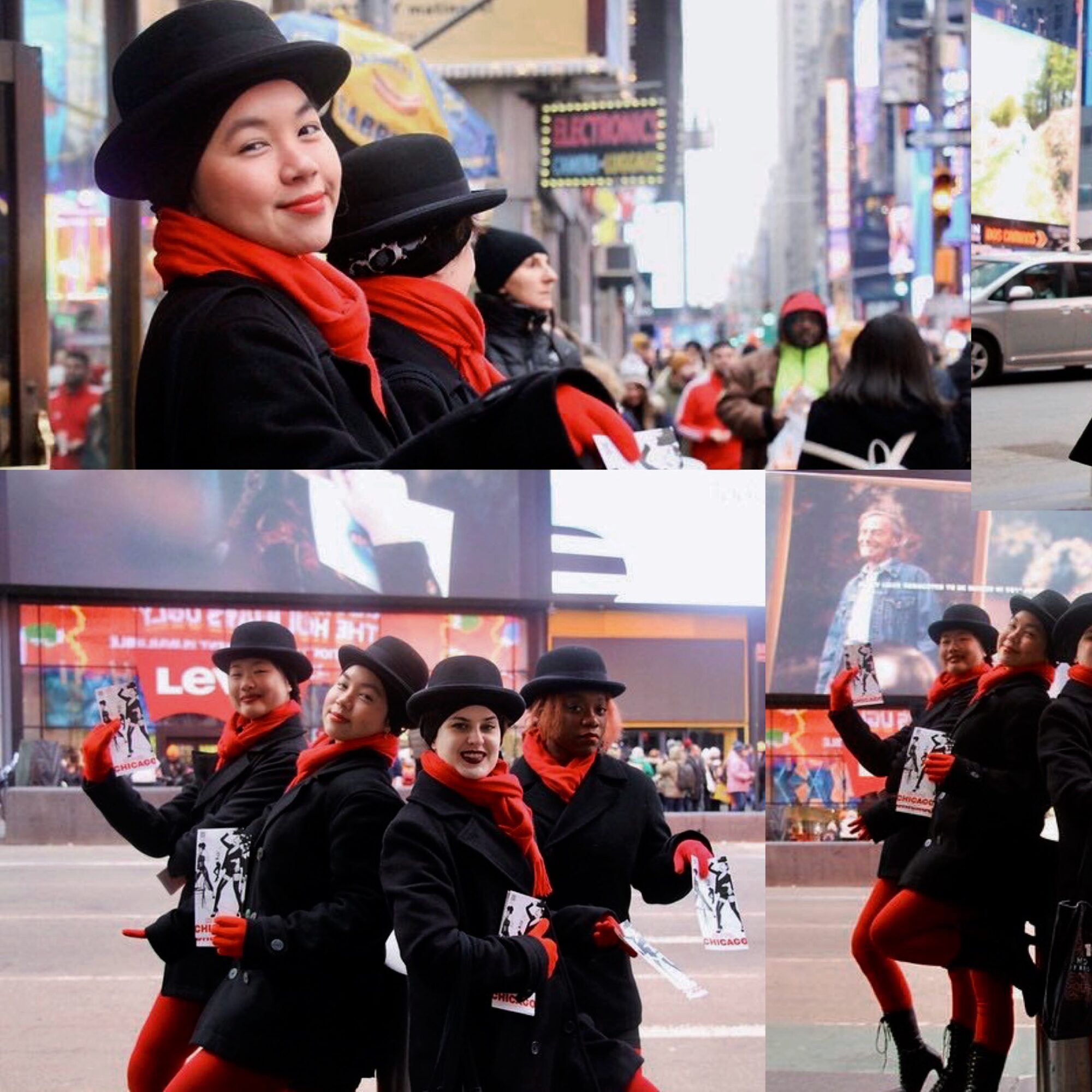 Group of women in black coats, red scarves, and black hats walking in a busy city street, smiling and waving.