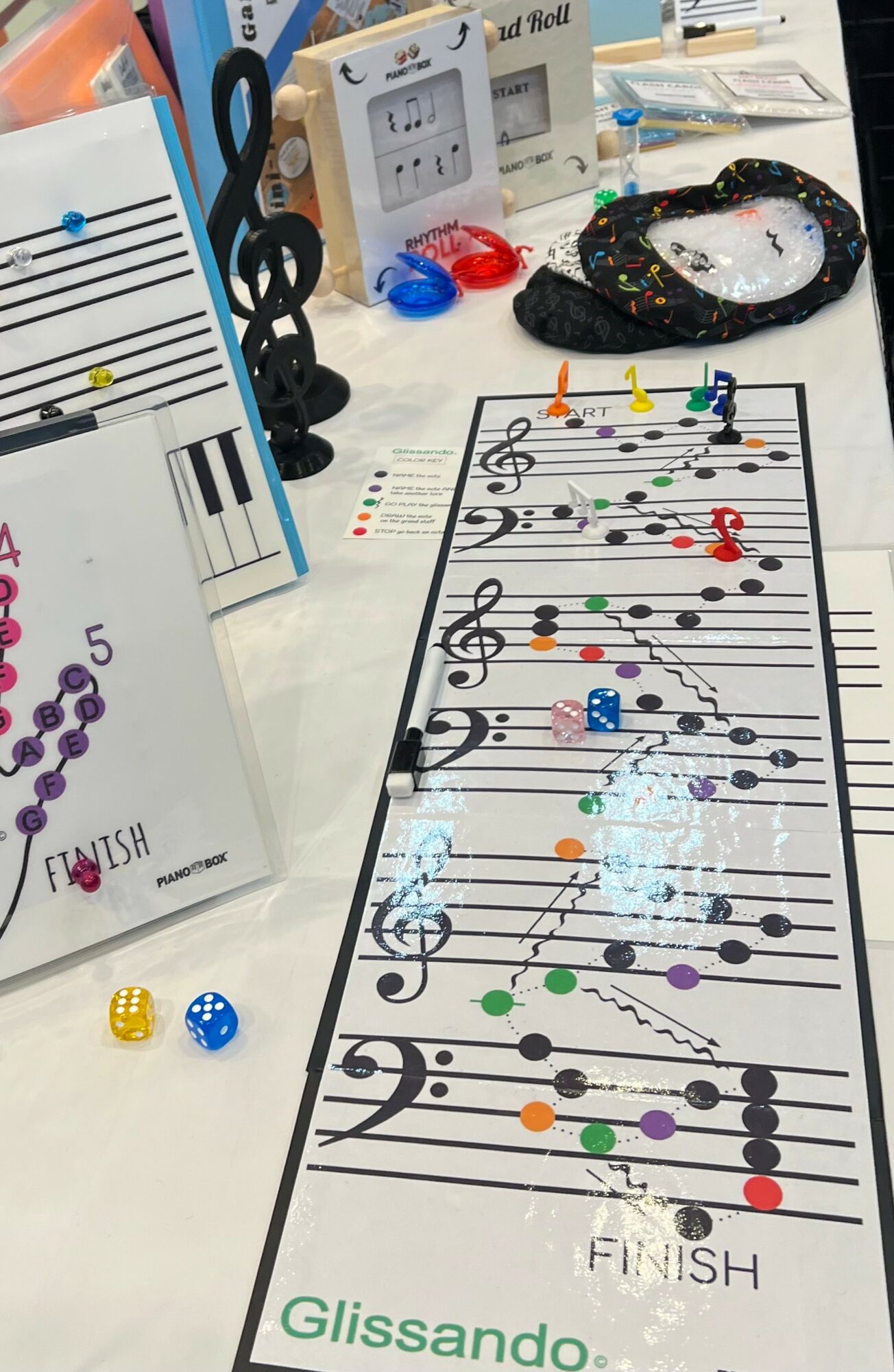 Music sheet with colorful dots, dice, and various objects on a table, including a black bag and a power outlet.