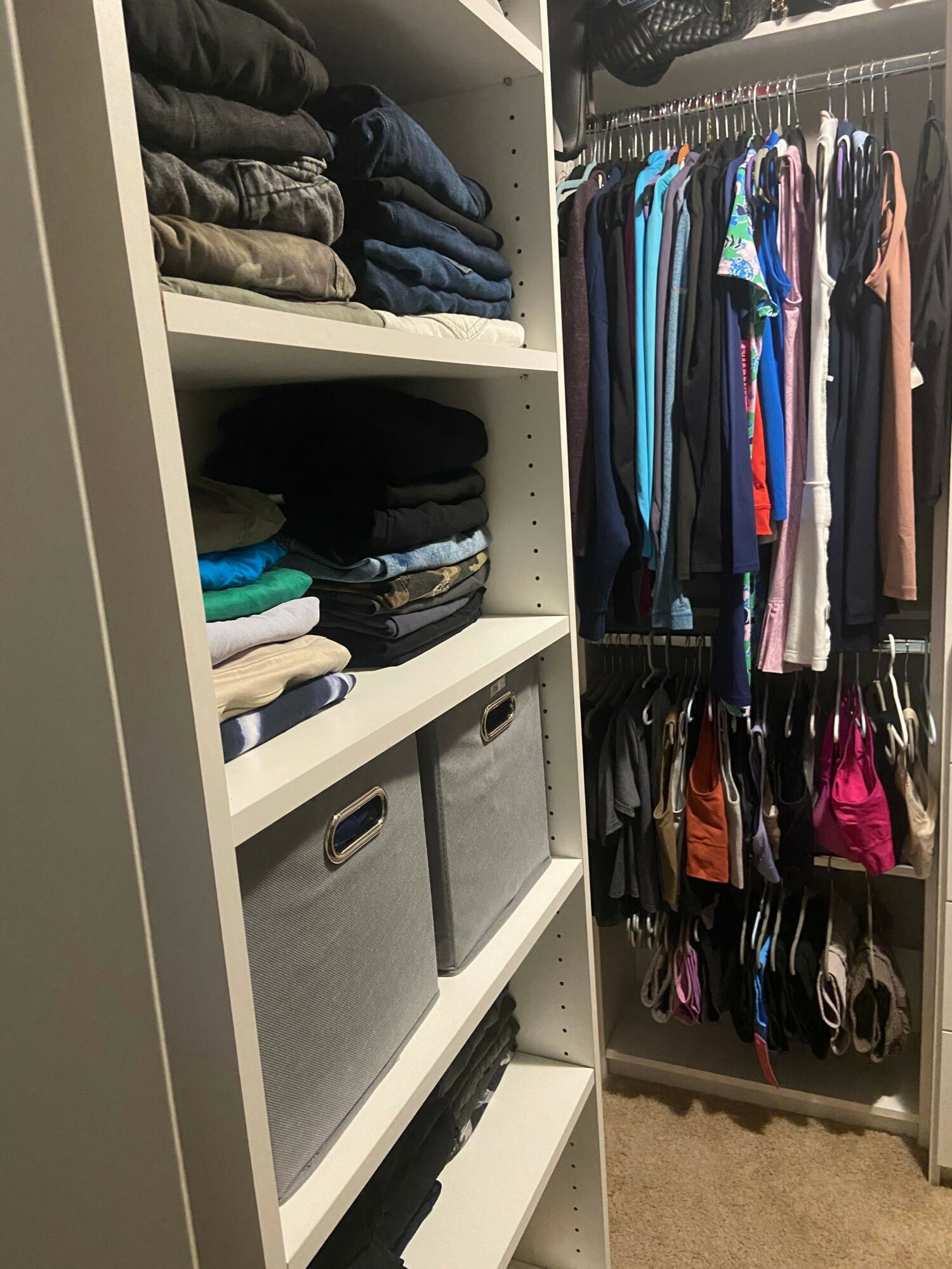 Open closet with shelves containing folded clothes and hanging garments, viewed from the side, with a carpeted floor.