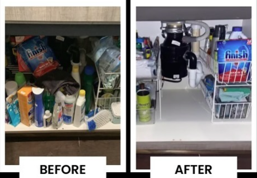 Comparison of a cluttered kitchen drawer before and organized after cleaning, with cleaning supplies and utensils.