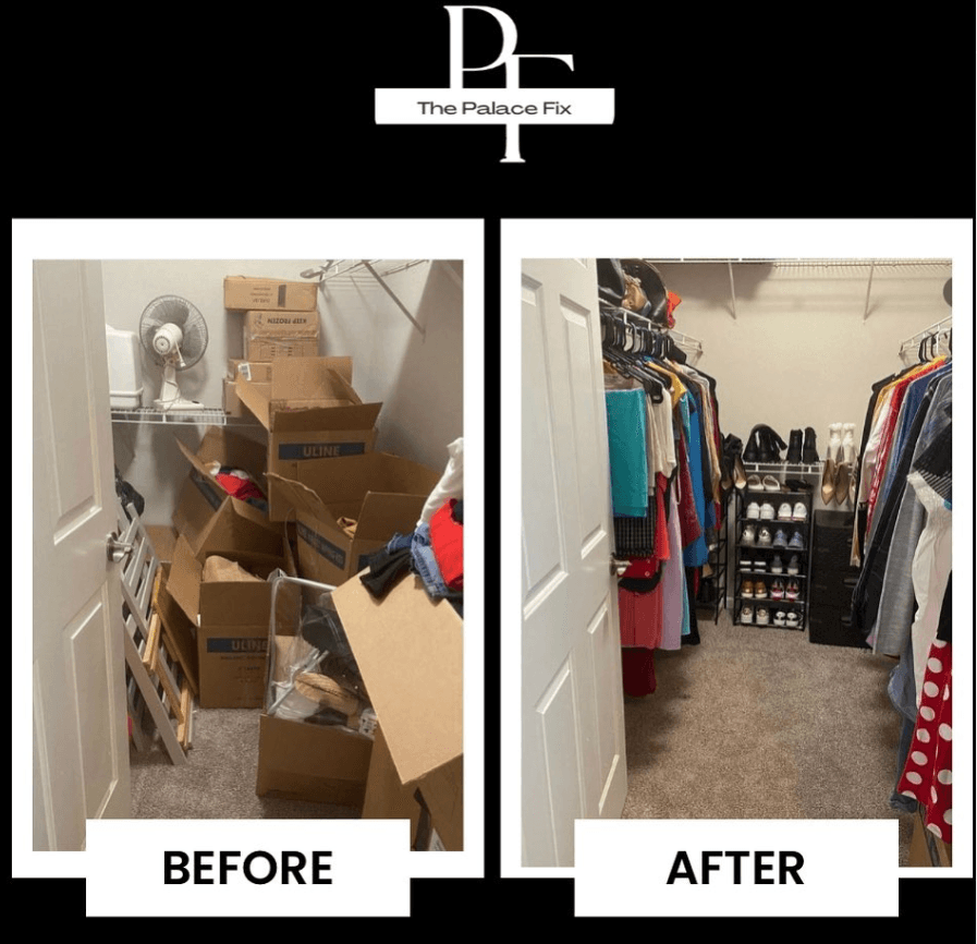 Closet with cluttered boxes before and organized clothing after cleaning, side-by-side images, black background, white text, logo at top.