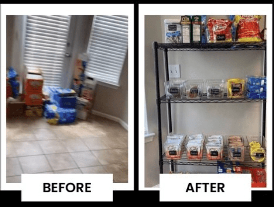 Side-by-side images showing a cluttered room before and organized pantry after cleaning, with shelves and food items. Word labels 'BEFORE' and 'AFTER'.