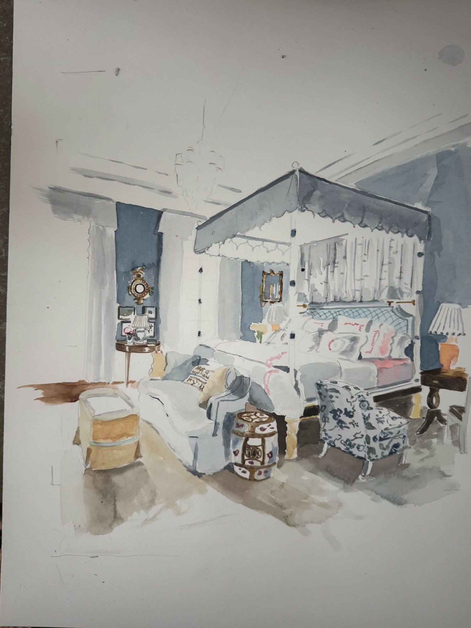 Living room with sofa, armchair, side tables, and a canopy over the seating area, painted in watercolor style.