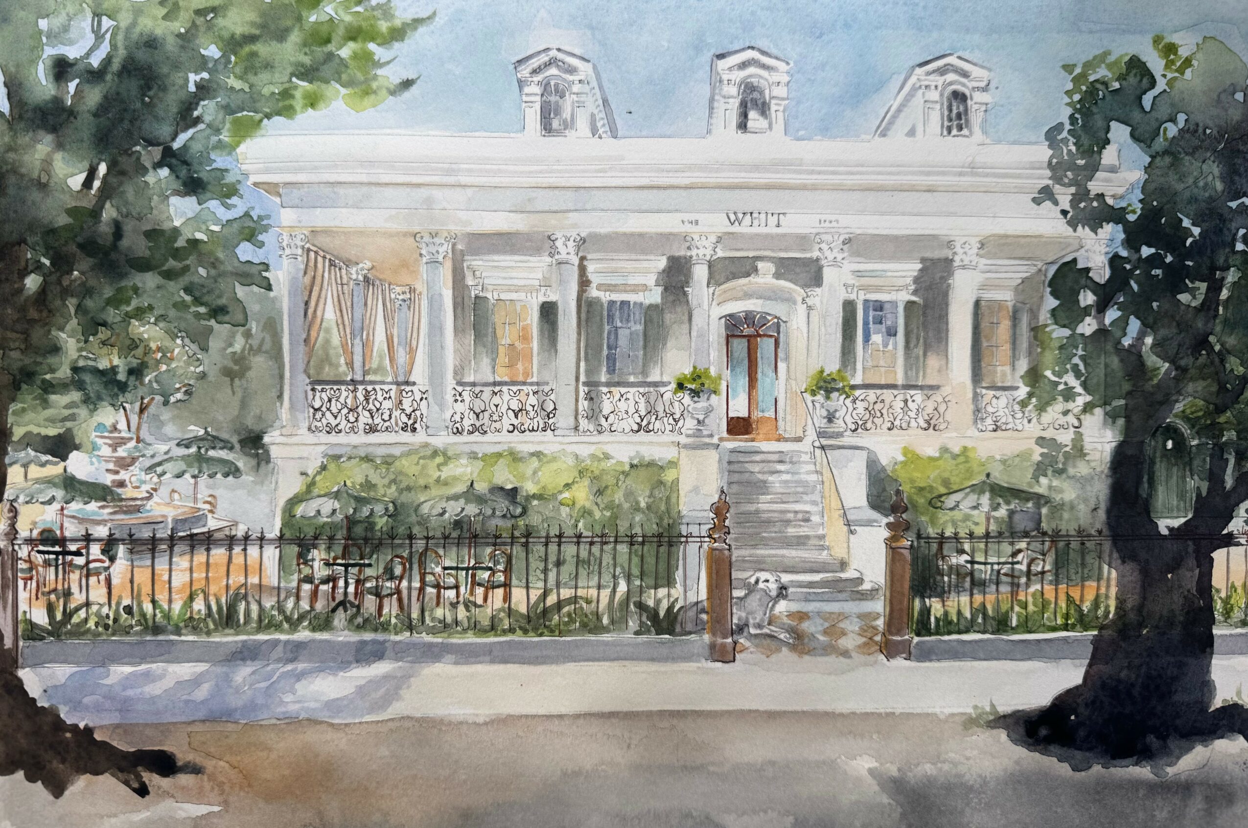 Watercolor painting of a large, white, two-story house with columns, stairs, and a front yard with trees and a fence.