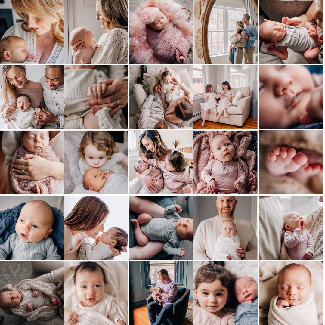 Collage of various moments with babies and family, including holding, cuddling, and playing with infants.