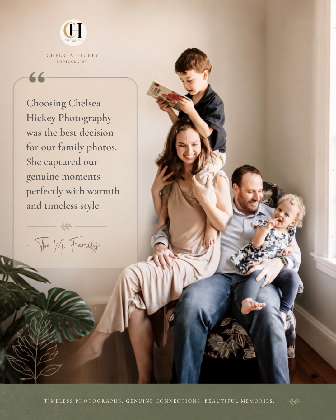 Family of three sitting by a window, with a child reading a book on a woman's shoulders, in a cozy room.
