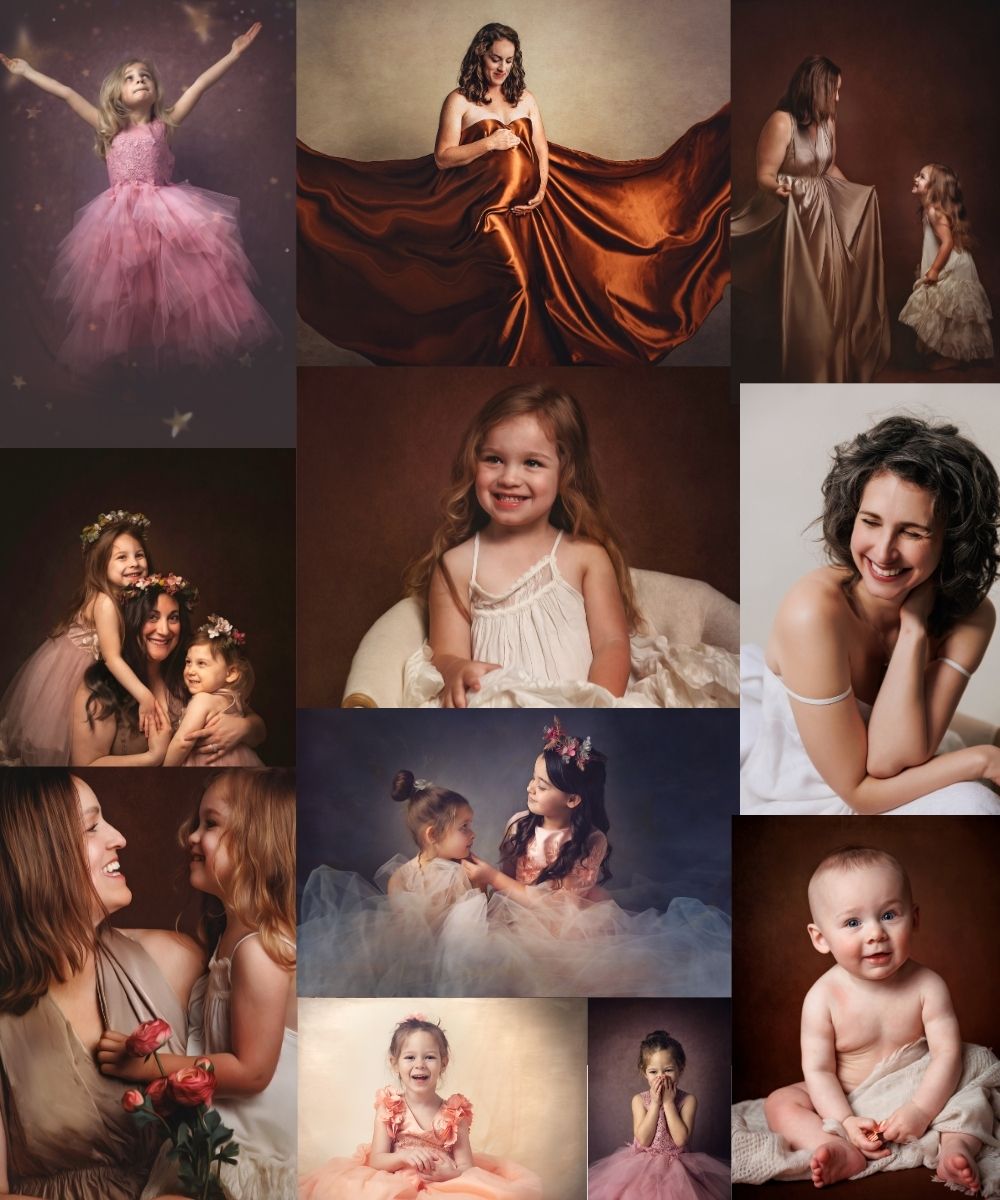 Collage of children and women in various poses, some smiling, some dancing, with different backgrounds and outfits.