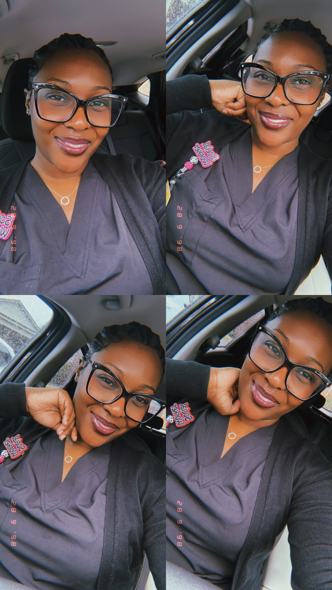 Four images of a woman with glasses and dark hair in a car, smiling and posing, wearing a dark uniform with pink embroidery.