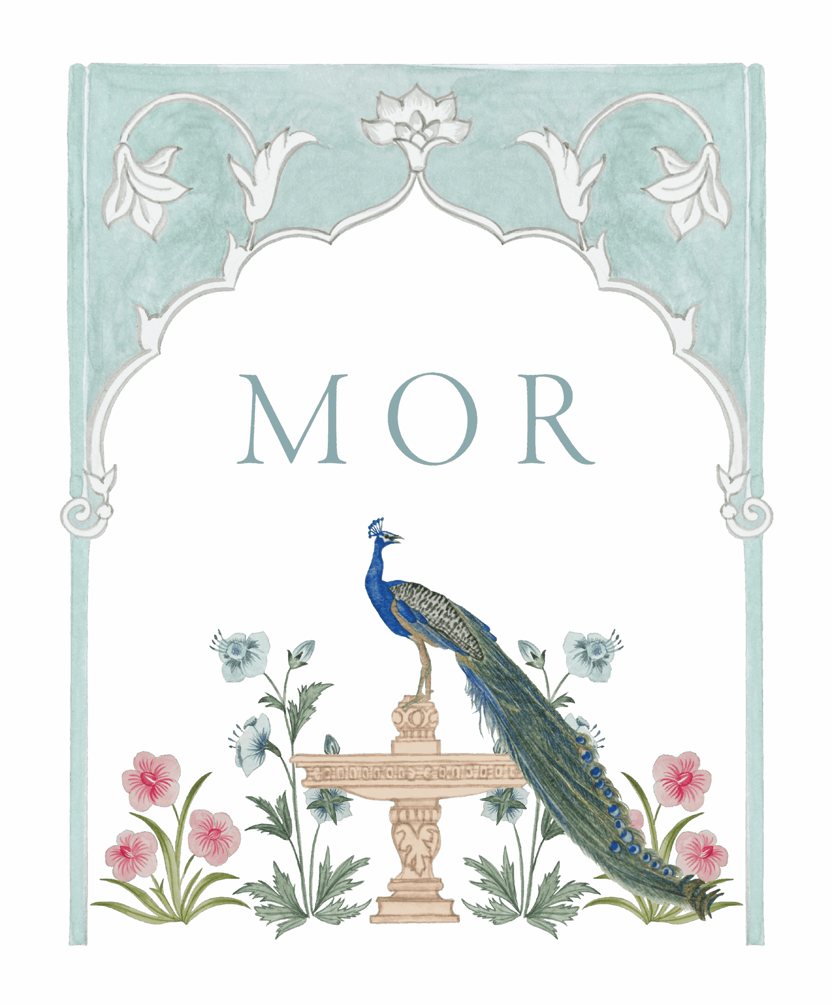 Decorative book cover with a peacock, flowers, and a fountain, featuring the word 'MOR' in the center.