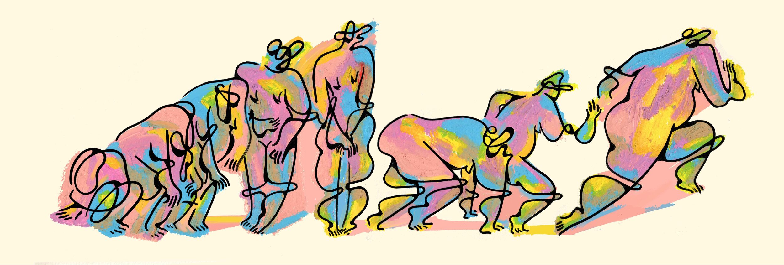 Colorful line drawing of a group of animals, possibly horses or ponies, standing and walking in a line.