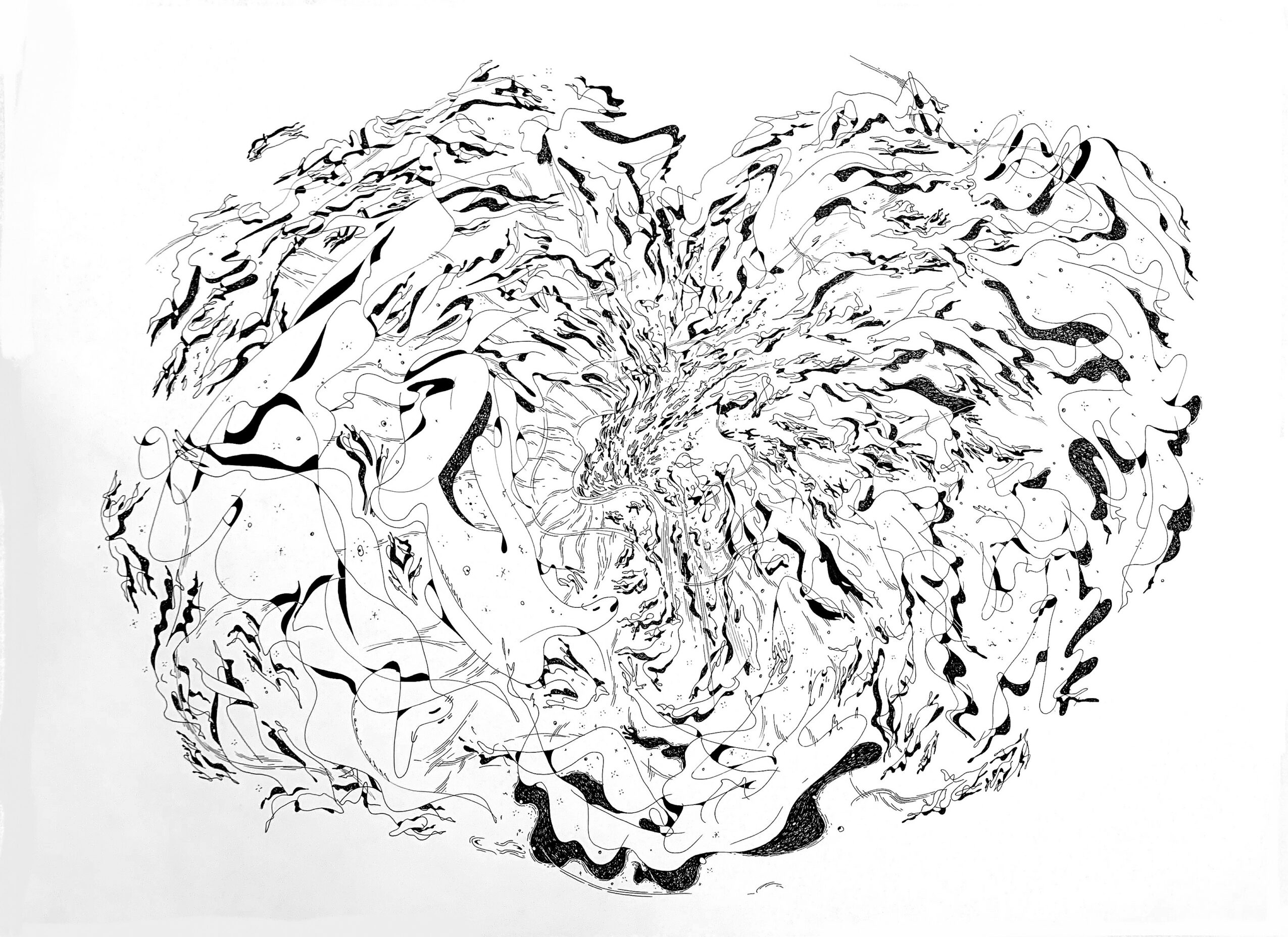 Black and white abstract drawing of a heart shape with swirling lines and patterns.