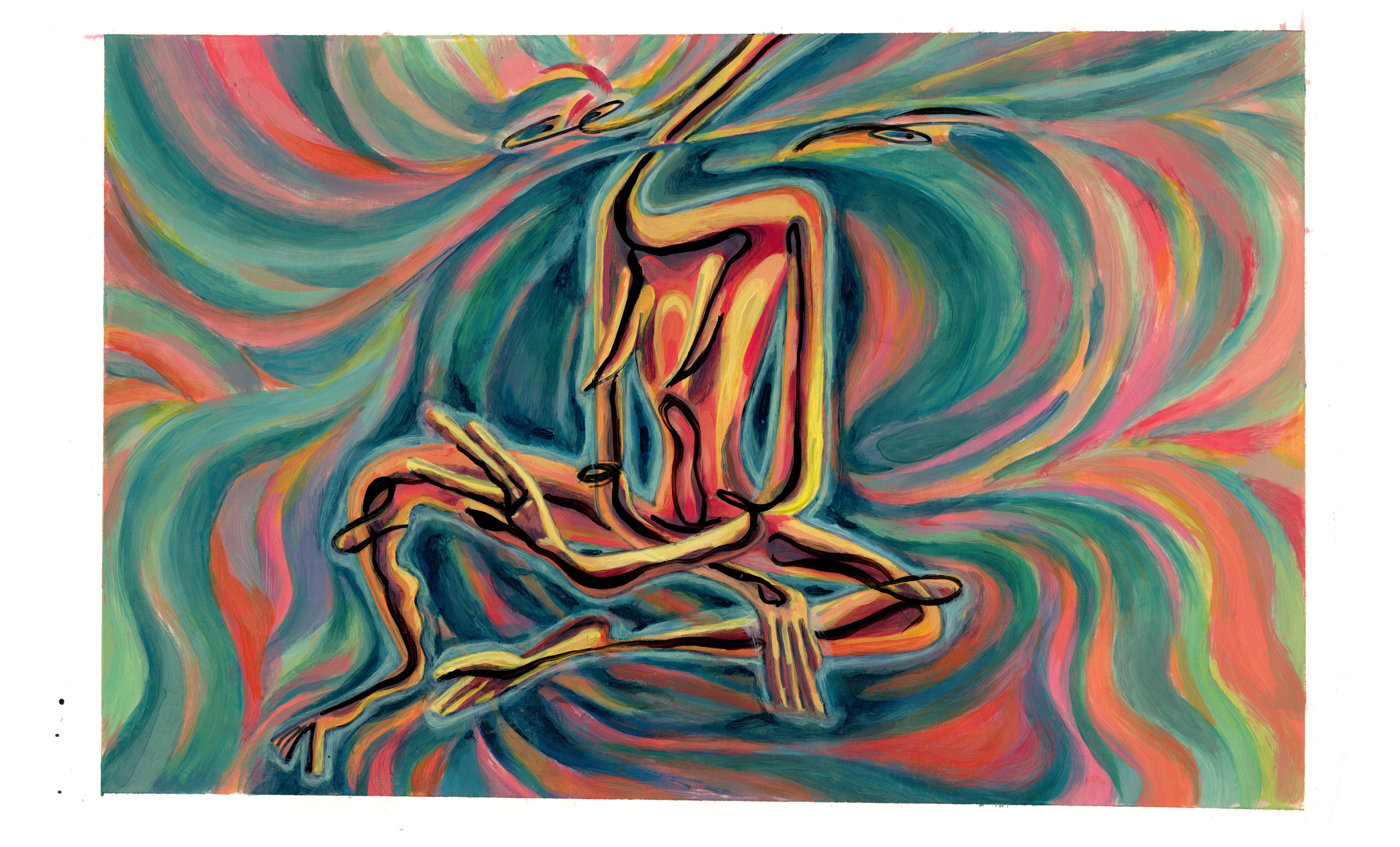 Abstract painting of a seated figure with swirling colorful background, using bold lines and vibrant colors.