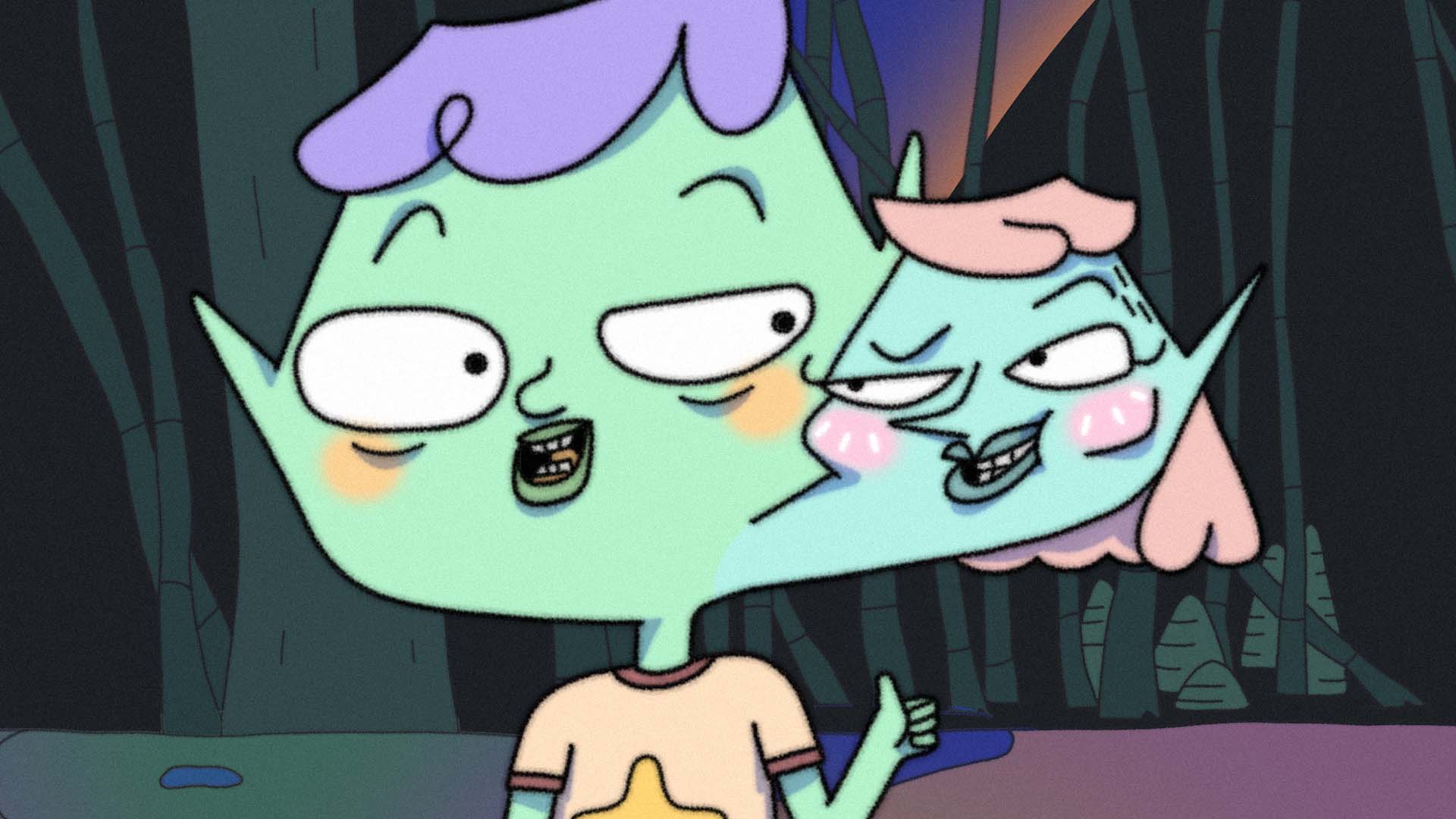 Two cartoon characters with pointed ears and pastel-colored hair in a dark forest setting.