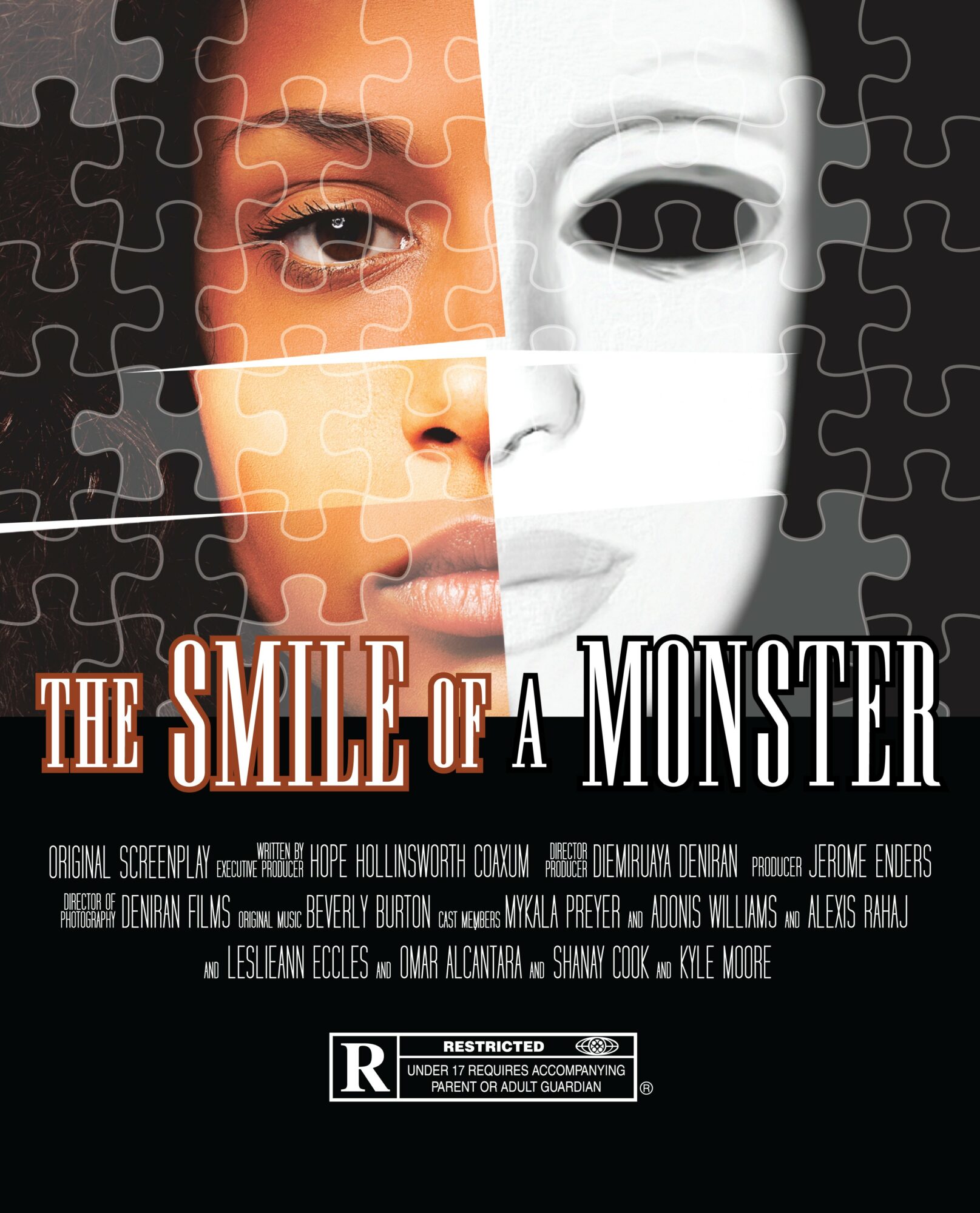 Puzzle image of a face split between a human face and a white mask, with the title