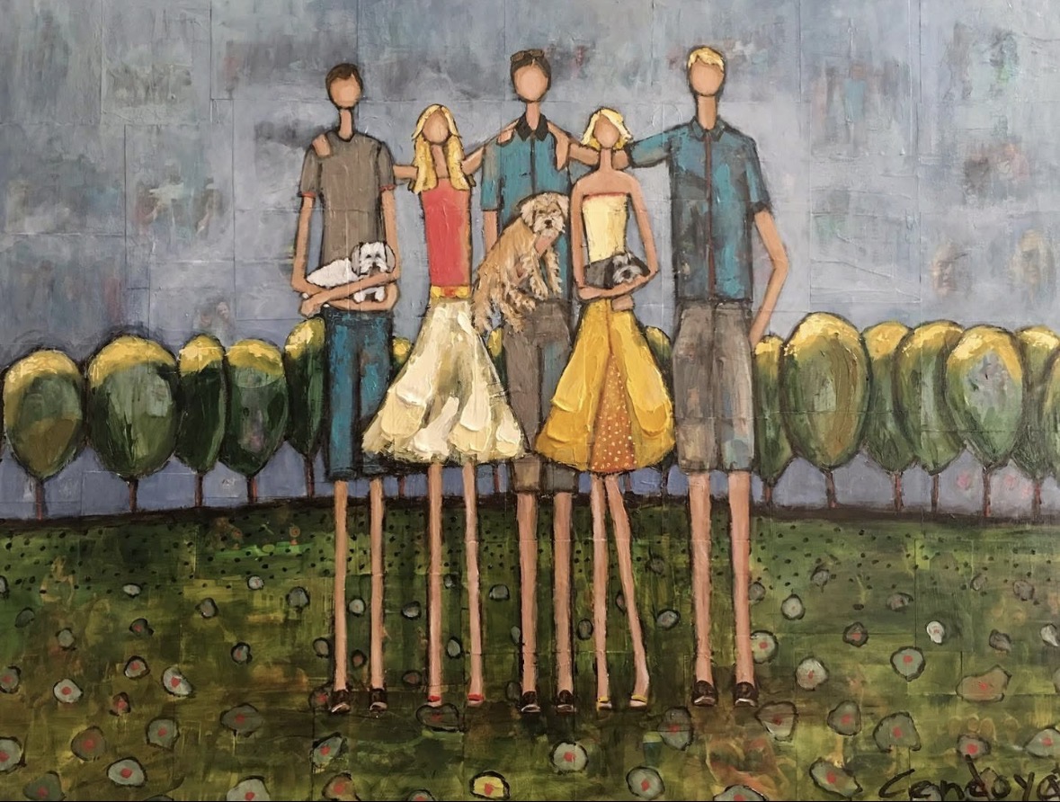 Group of five people with elongated legs standing outdoors, with trees and a cloudy sky background.