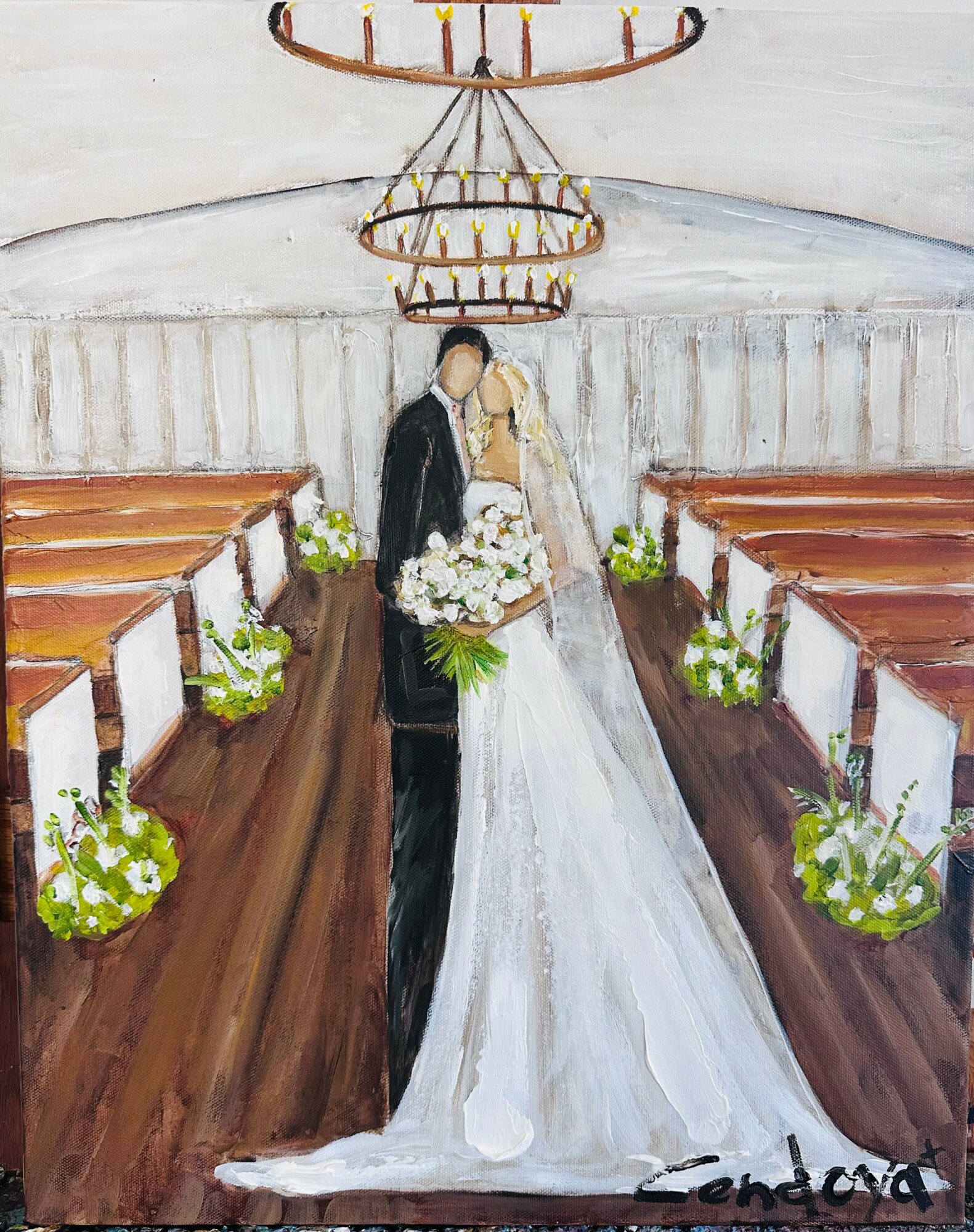 A bride and groom stand in a church aisle, holding a bouquet, with empty pews and floral arrangements. The image is rotated 90 degrees.