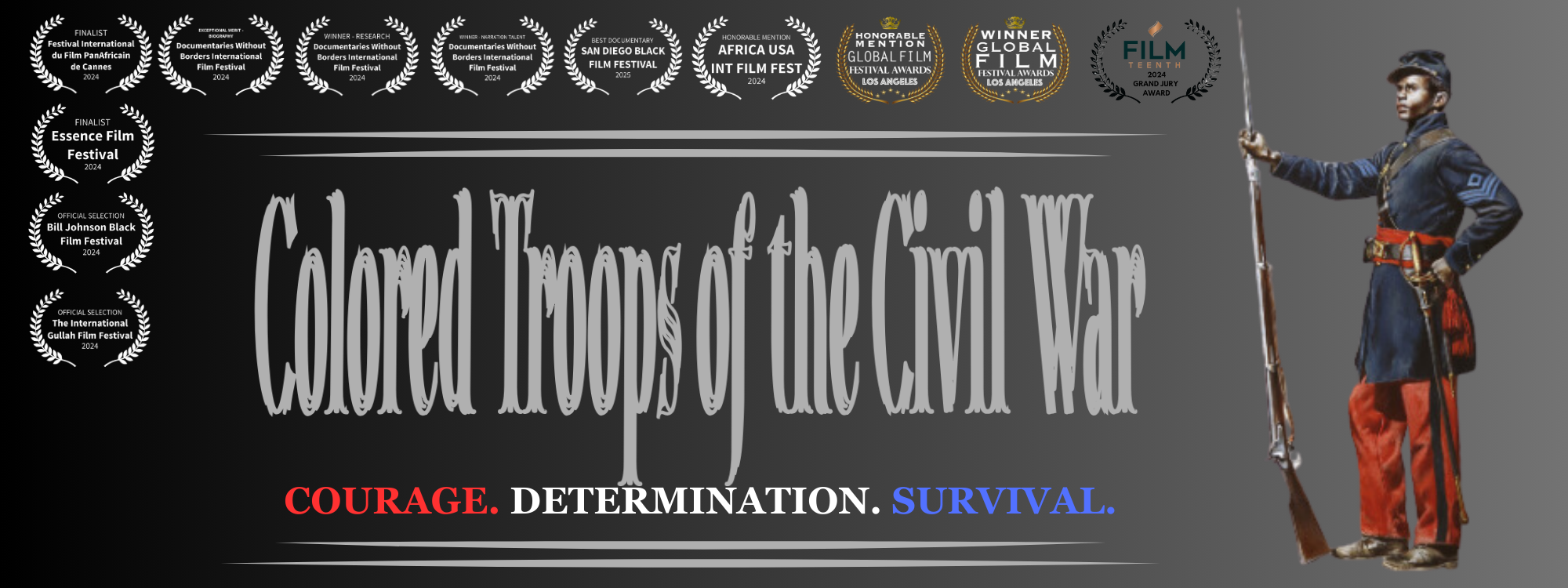 Title screen for 'Colored Troops of the Civil War' with a soldier in uniform holding a rifle, awards at top, and words 'Courage,' 'Determination,' 'Survival' at bottom.