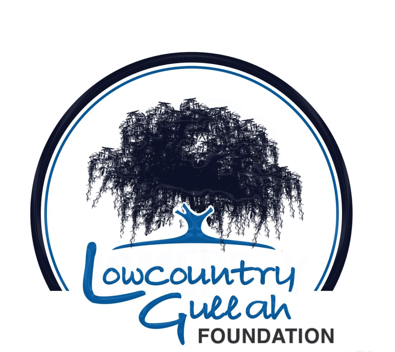 Logo with a large tree and a person with arms raised, surrounded by circular lines, and text reading 'Lowcountry Gullah Foundation'.