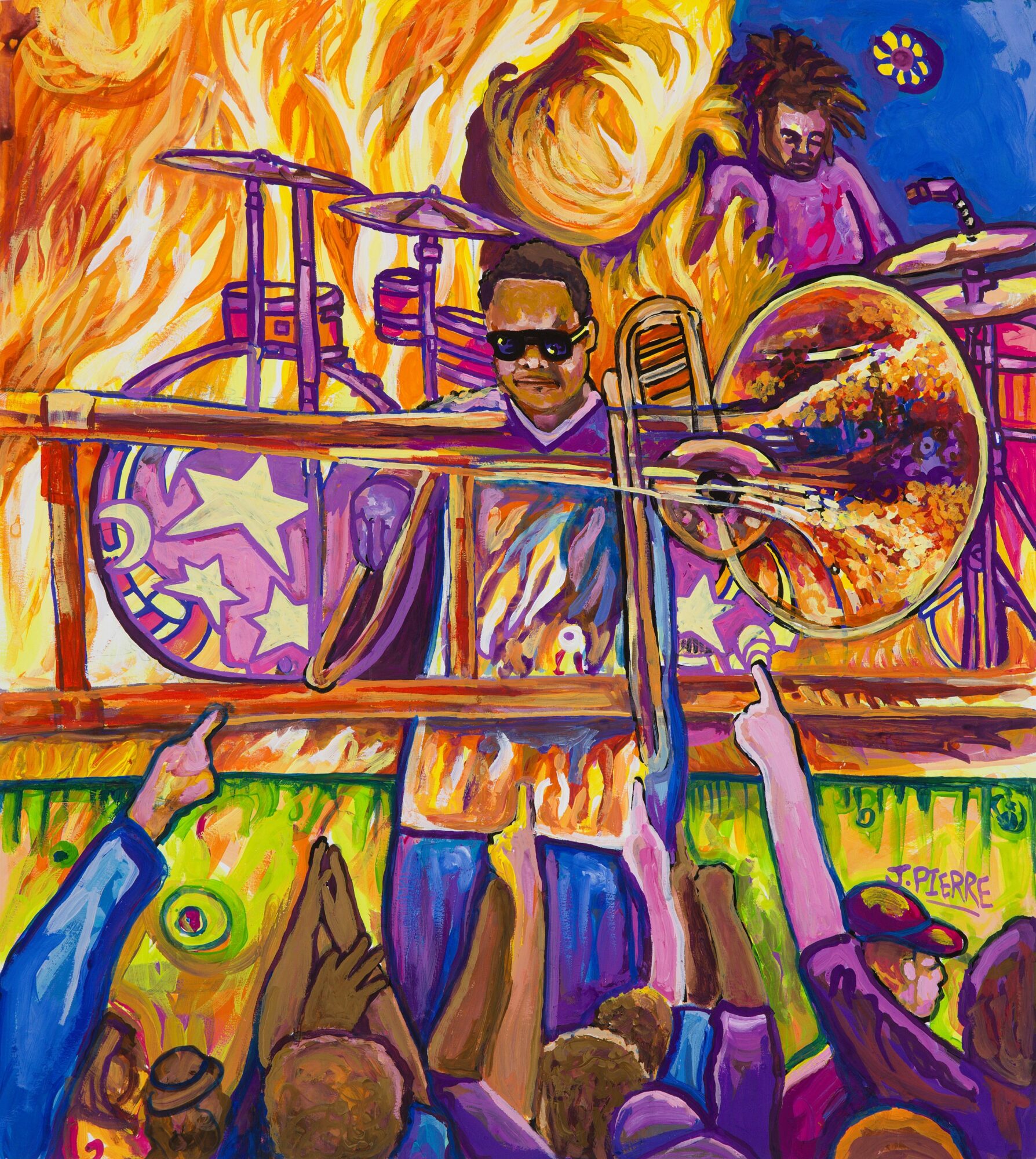 Musicians perform on stage with colorful flames and abstract background, audience members raise hands, vibrant scene, lively atmosphere.