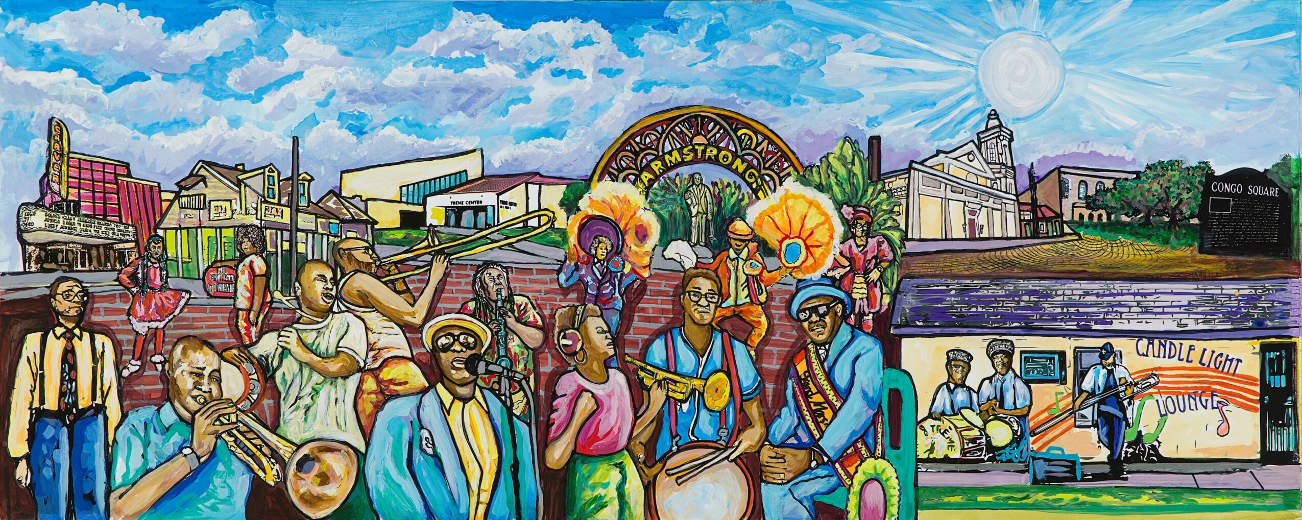 Colorful mural of a lively outdoor scene with people, buildings, and a bridge, under a bright sky.