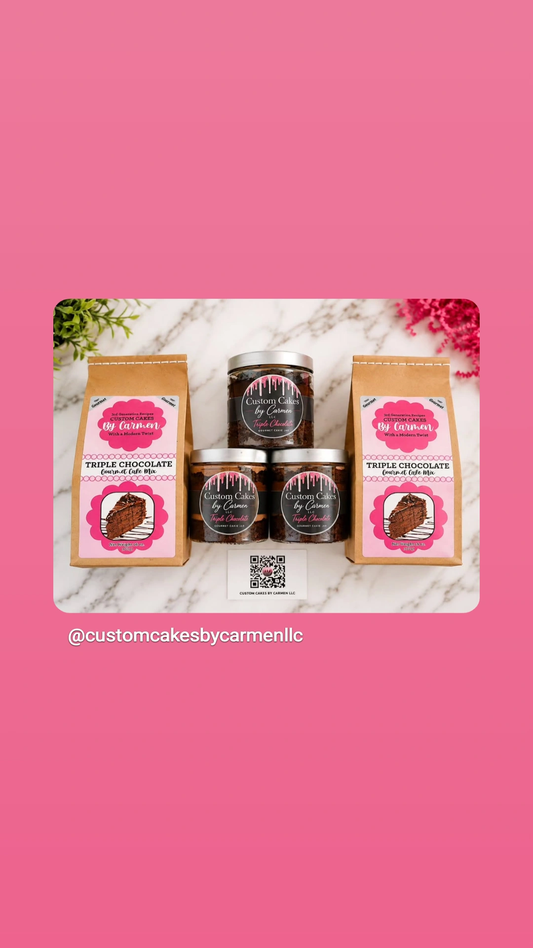 Three jars and two boxes of skincare products on a marble surface with pink background, labels visible.