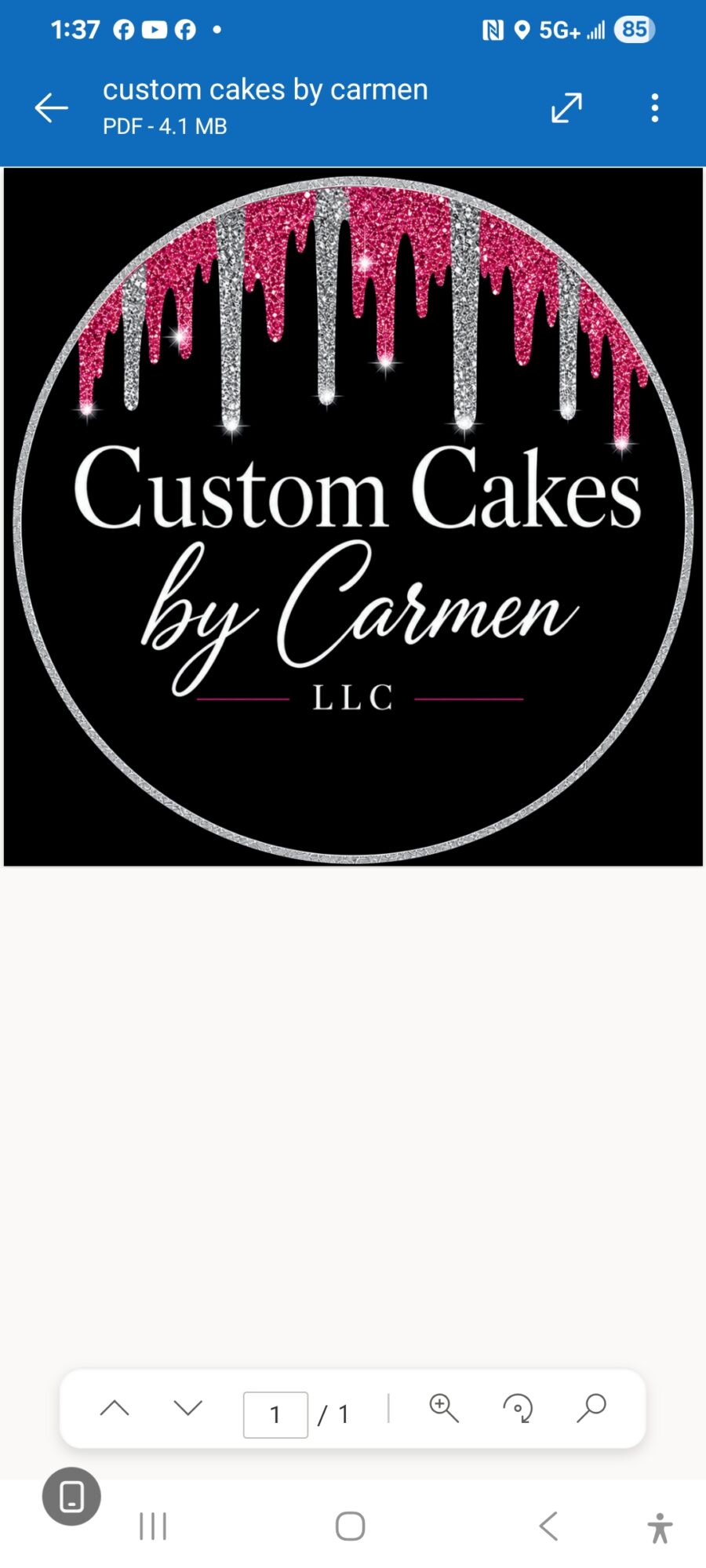 Logo with pink dripping icing above black circle, text reads 'Custom Cakes by Carmen LLC'.