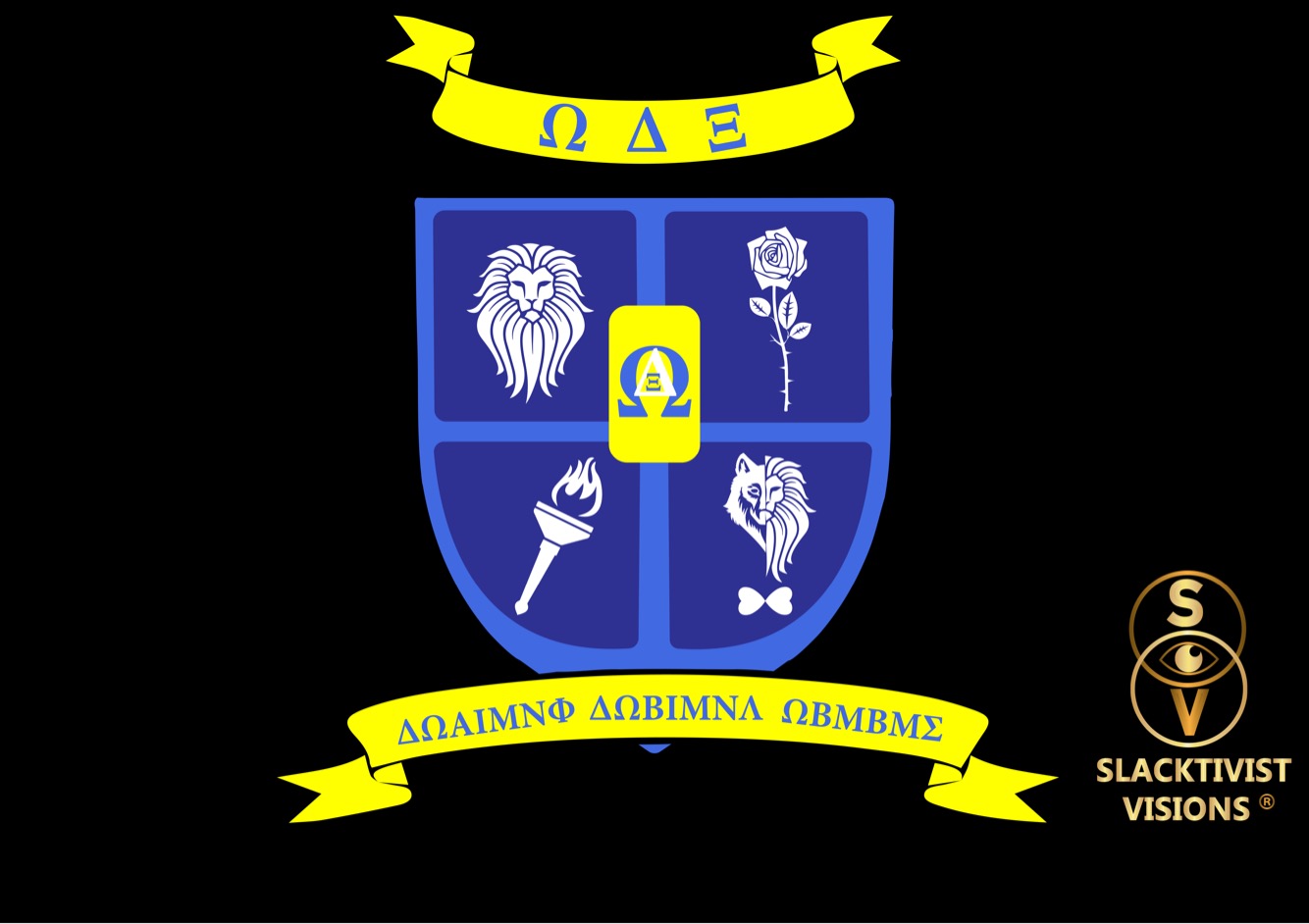 A shield with four quadrants, a lion, a rose, a torch, and a lion's head, with Greek symbols and banners.