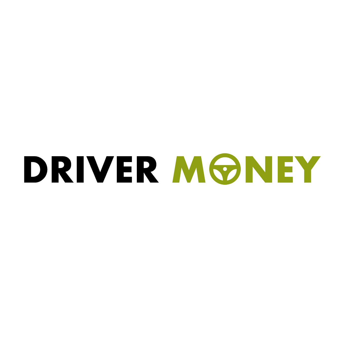 Text logo with the words 'DRIVER' and 'MONEY' in black and green, with a steering wheel icon inside the letter 'O'.