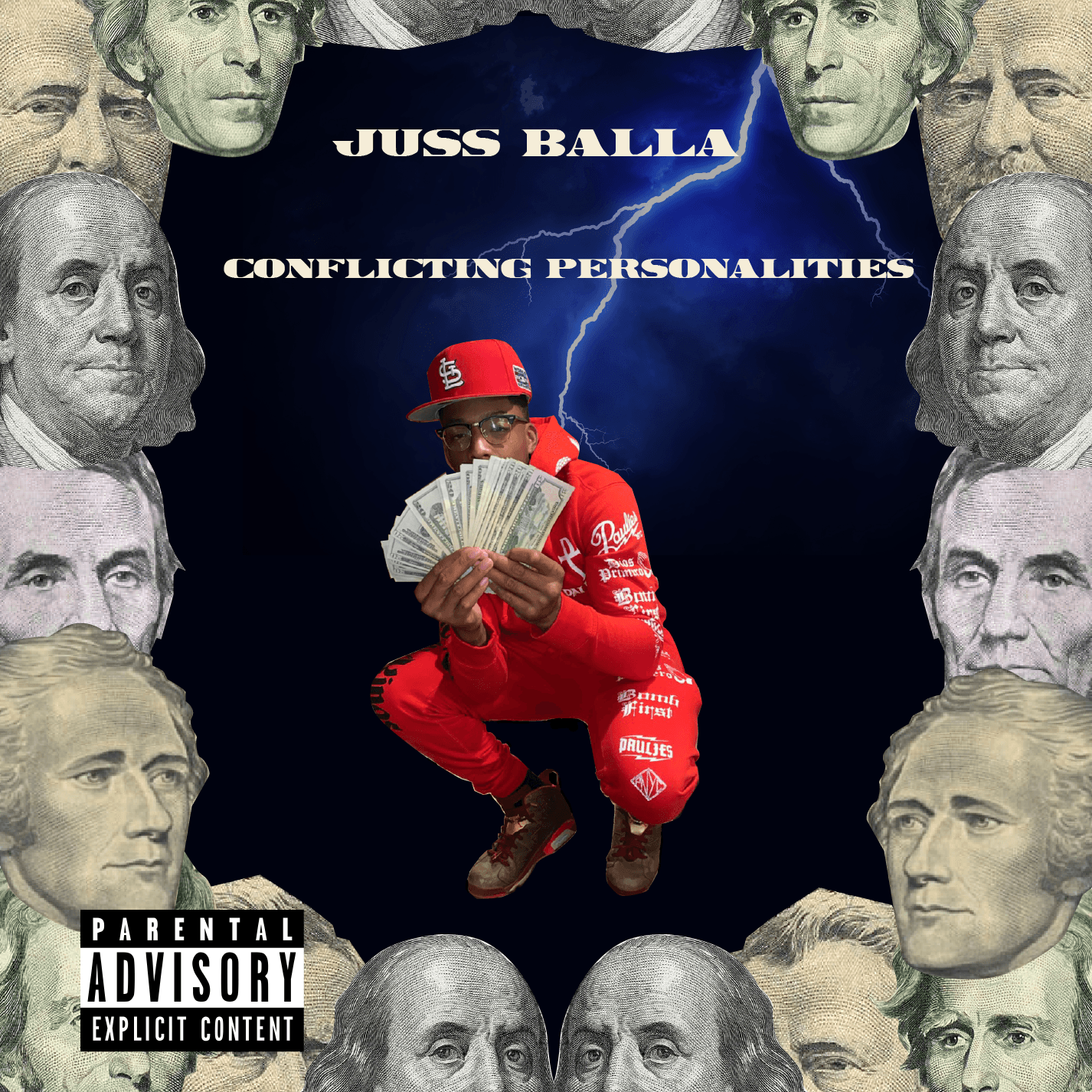 Person in red outfit and cap crouching, holding money, surrounded by black-and-white faces, with lightning and text in background.