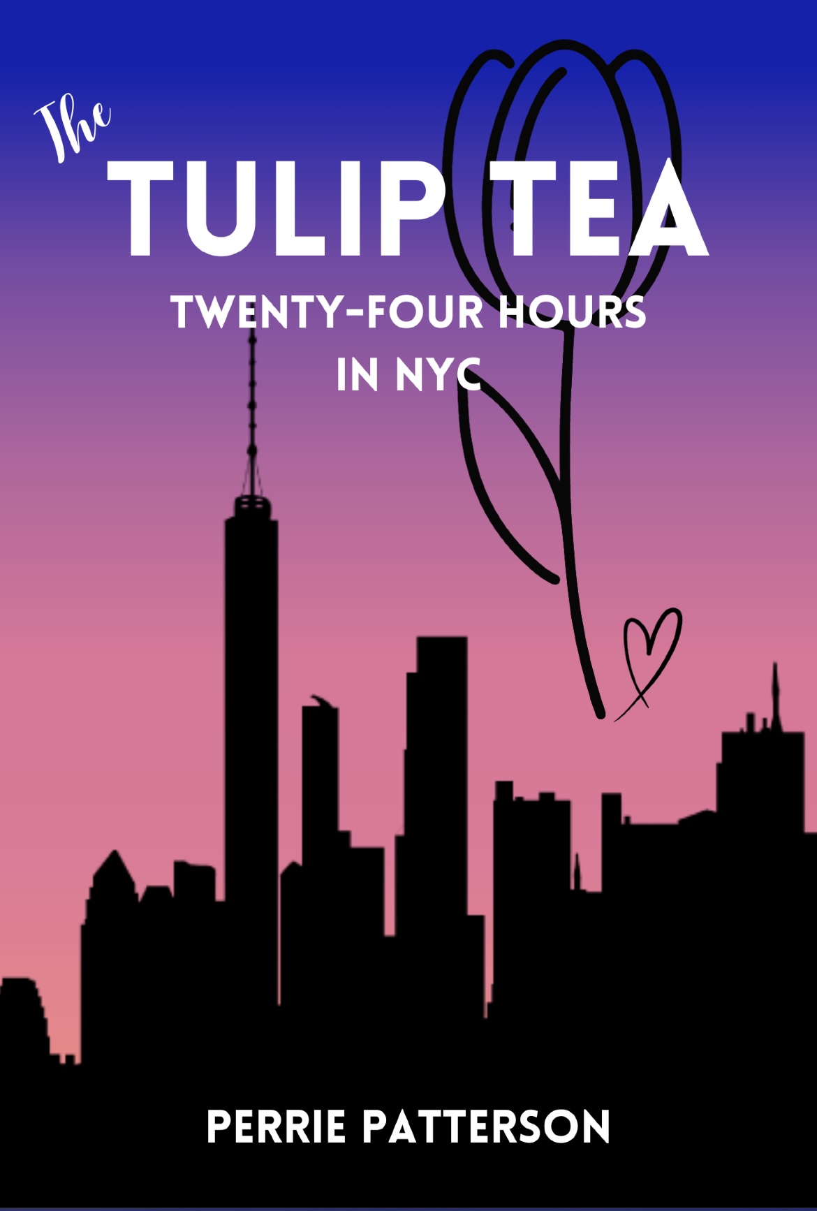 Skyline of New York City with a heart-shaped line and text about Tulip Tea, twenty-four hours, and Perrie Patterson.