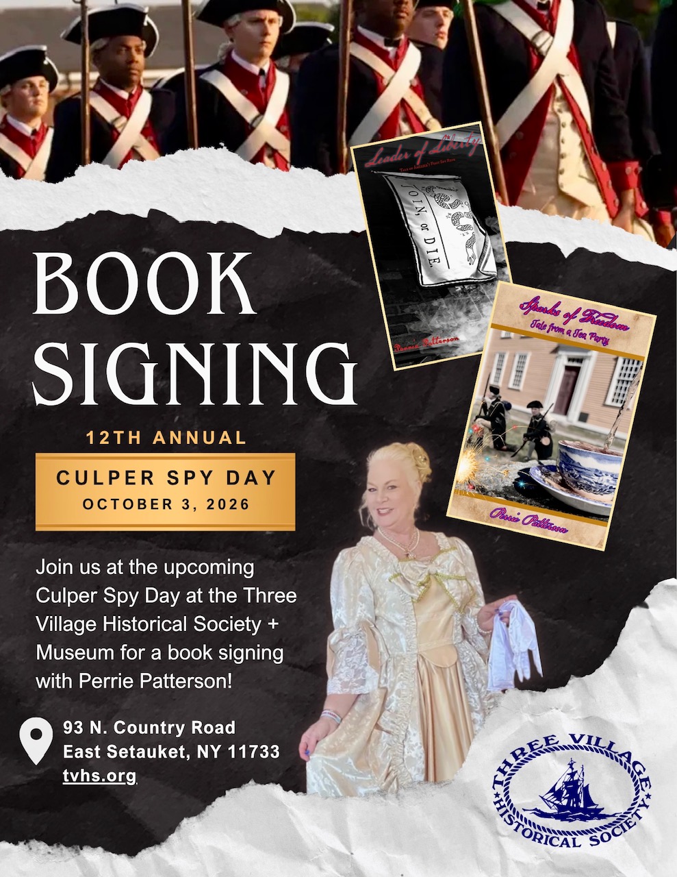 Promotional poster for the 12th annual book signing event at Culper Spy Day, featuring historical photos and a woman in period costume.