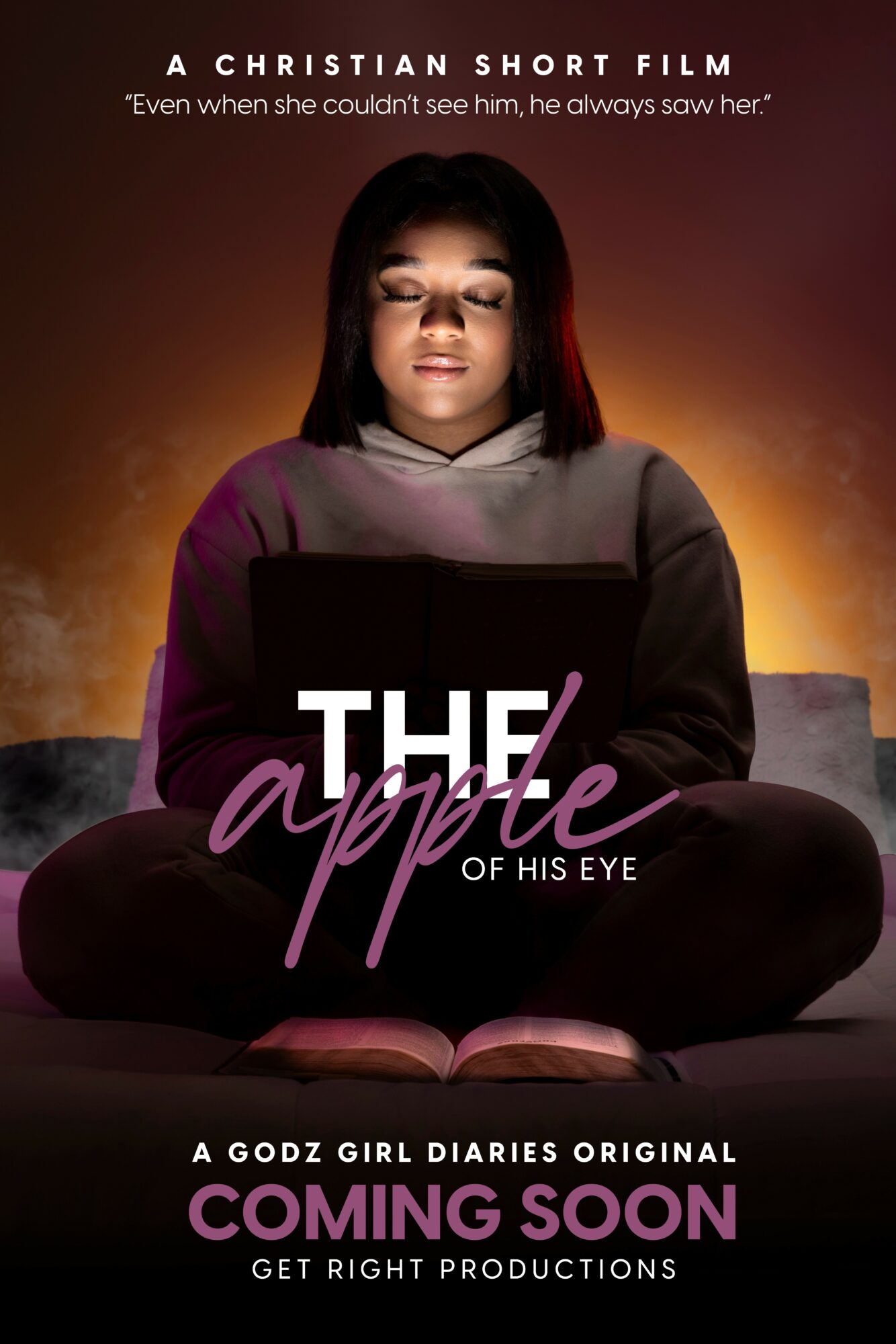 Young woman sitting cross-legged reading a book, with a dark background and warm lighting, promoting a film titled 'The Apple of His Eye'.