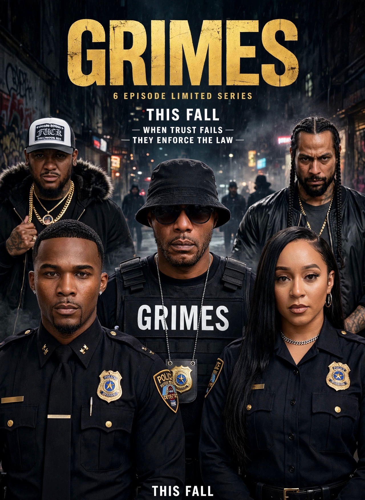 Promotional poster for Grimes limited series featuring five characters in police uniforms and casual clothing in an urban setting.