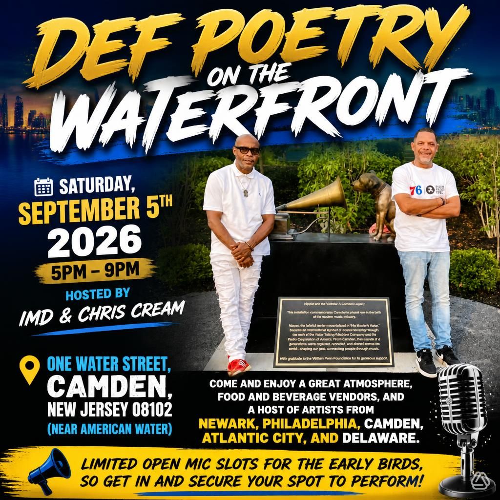 Two men stand outdoors near a plaque and a brass horn, with a city skyline and water in the background. Event details are displayed.