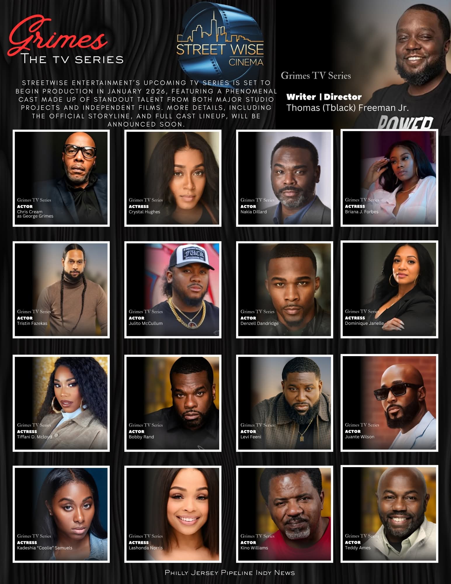 Promotional poster for TV series 'Power' featuring cast photos, show logos, and text about the series and its release.