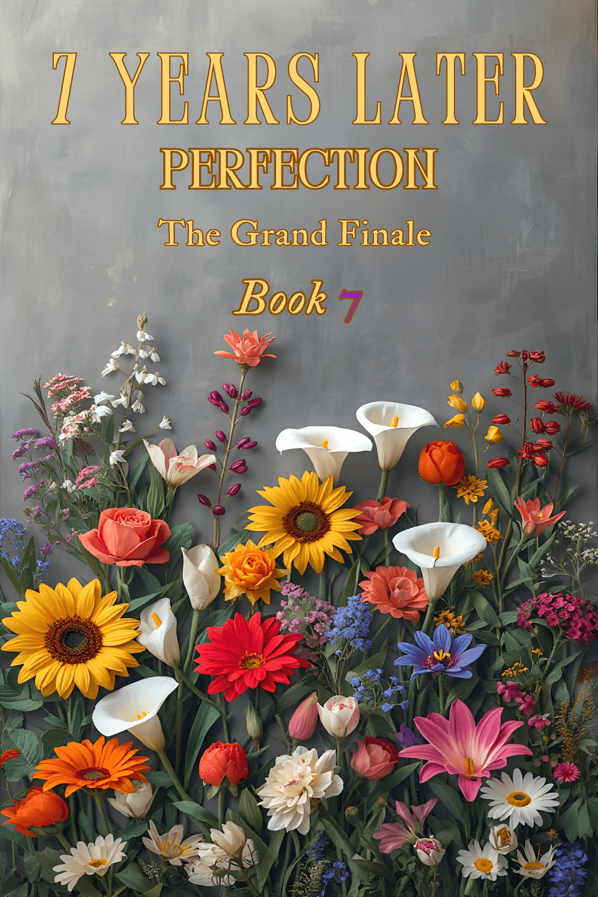 Cover with colorful flowers including sunflowers, roses, and lilies, and text about a book series finale, 20 words.