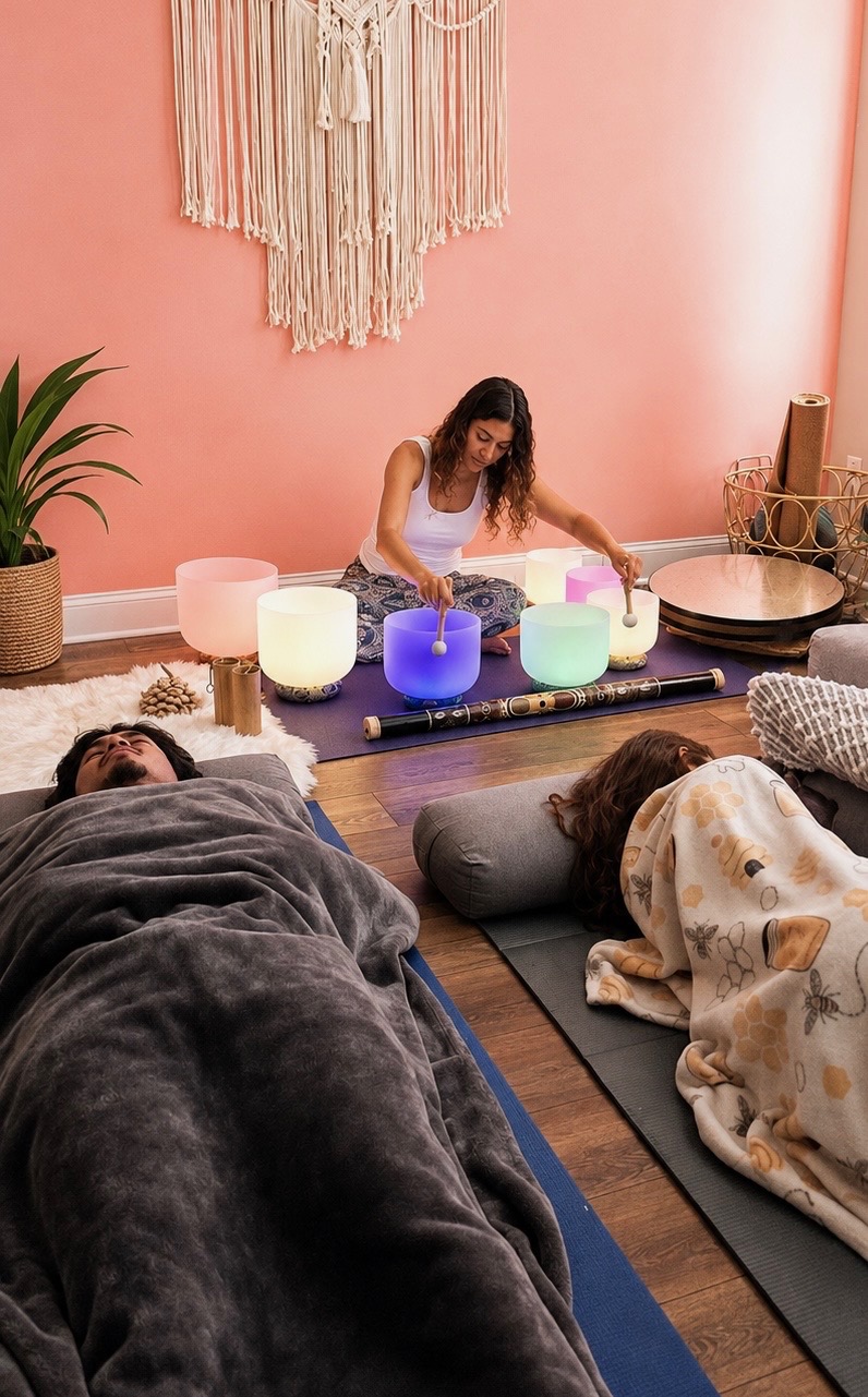 Person sitting on the floor with colorful singing bowls, two people lying on mats covered with blankets, pink wall, plant, and wall hanging.