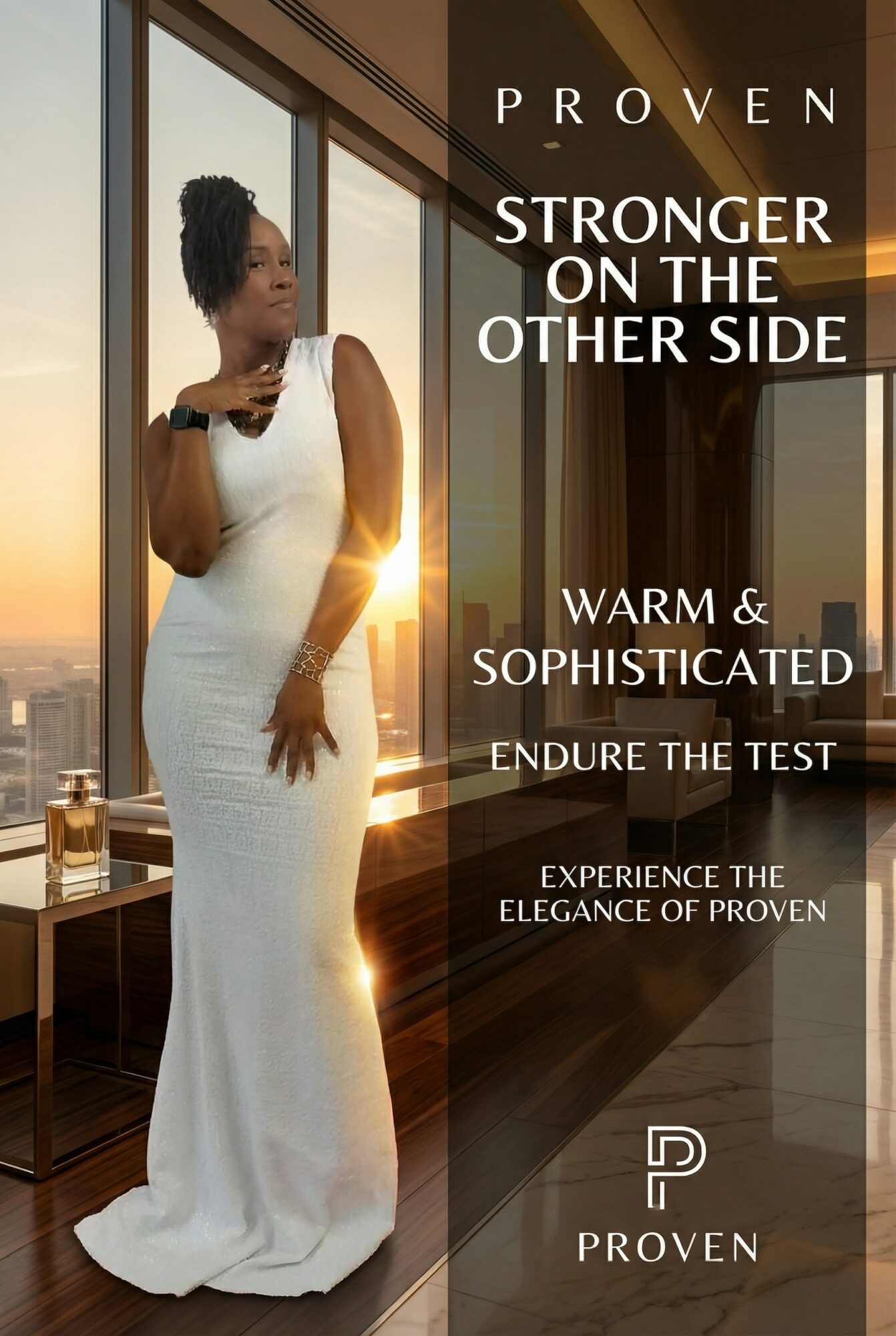 Woman in white dress standing by window with city view, sunlight shining, text overlay about strength and elegance, 20 words.